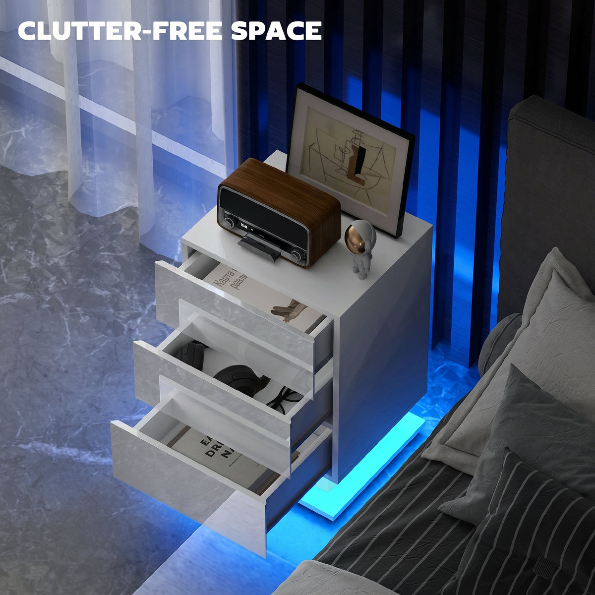 LED Nightstand with 3 Drawers and App Control – 16"W x 24"H