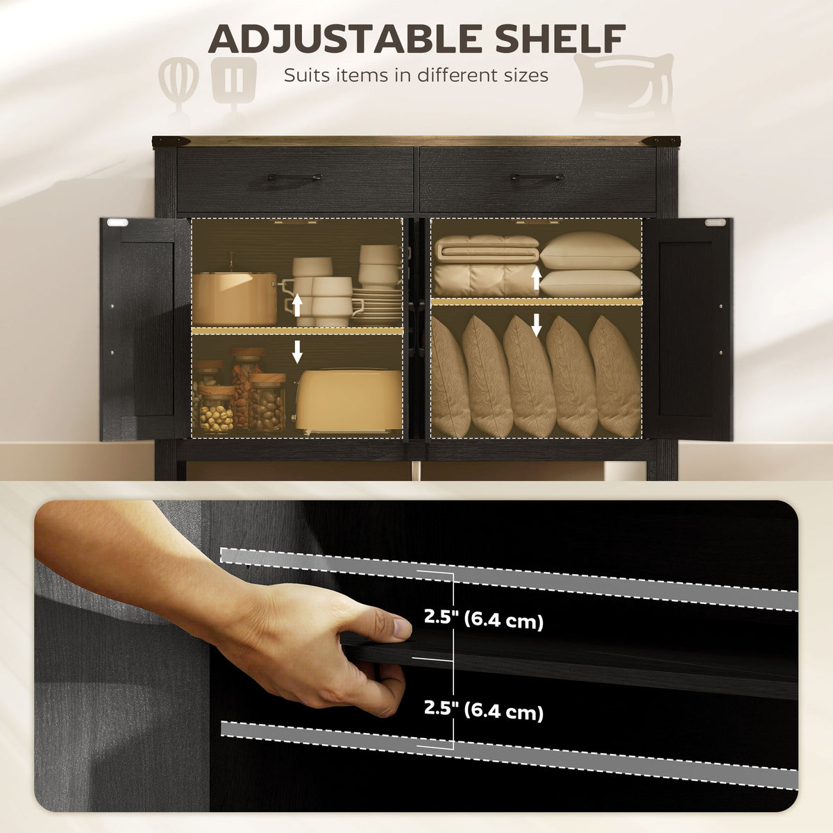 Farmhouse Kitchen Storage Cabinet with 2 Drawers and Shelves – 47"W x 32"H
