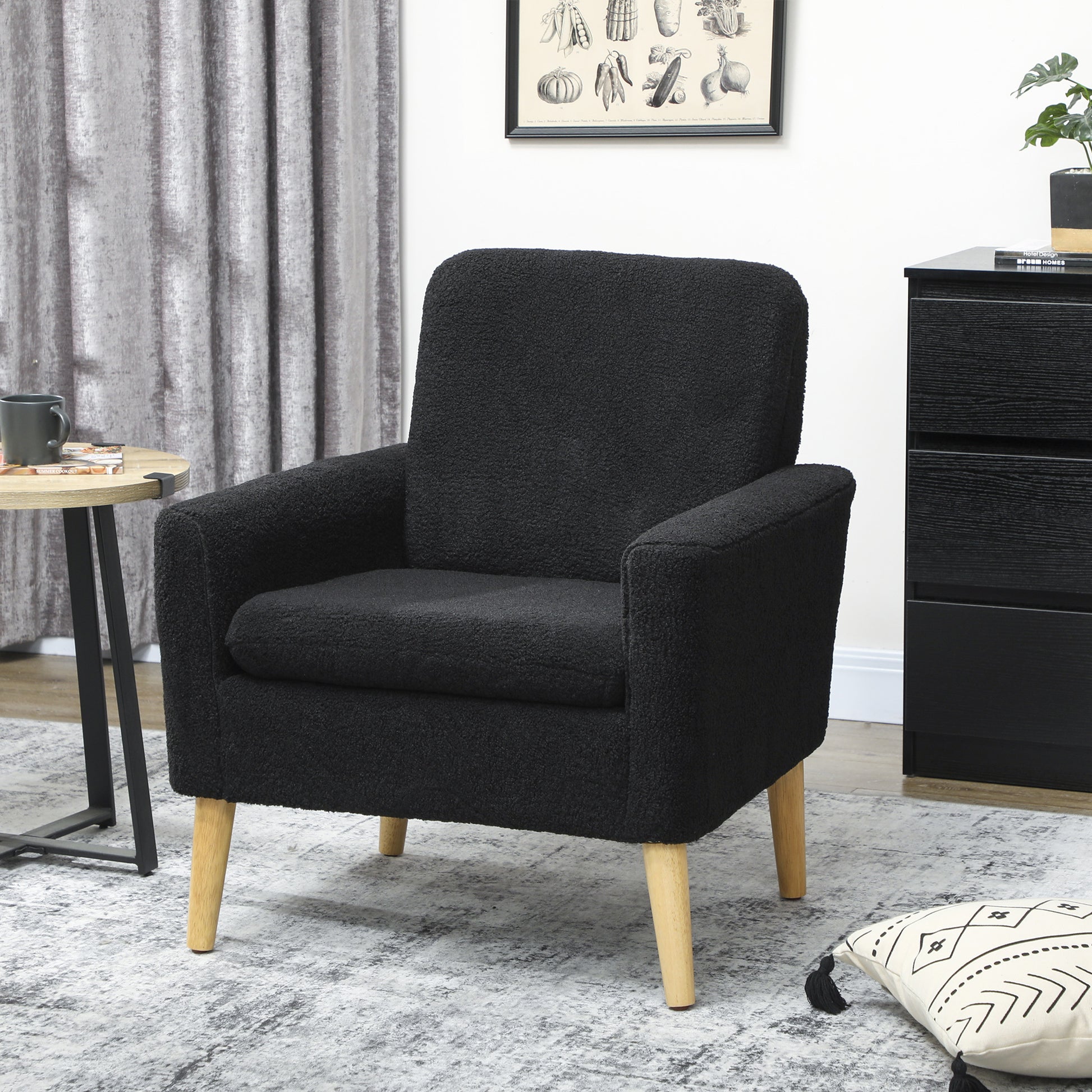 HOMCOM Modern Upholstered Black Fabric Accent Chair with Wood Legs