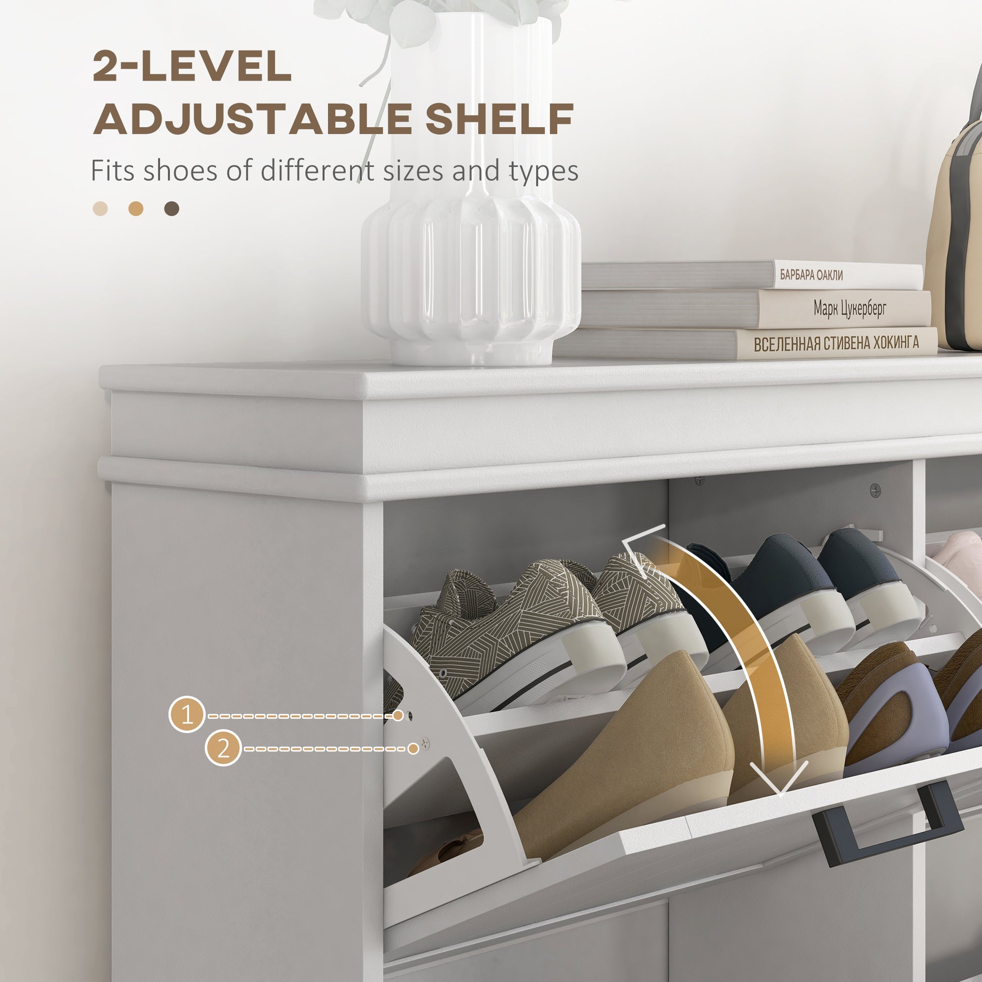 HOMCOM White Narrow Shoe Cabinet with 4 Flip Drawers and Adjustable Shelves