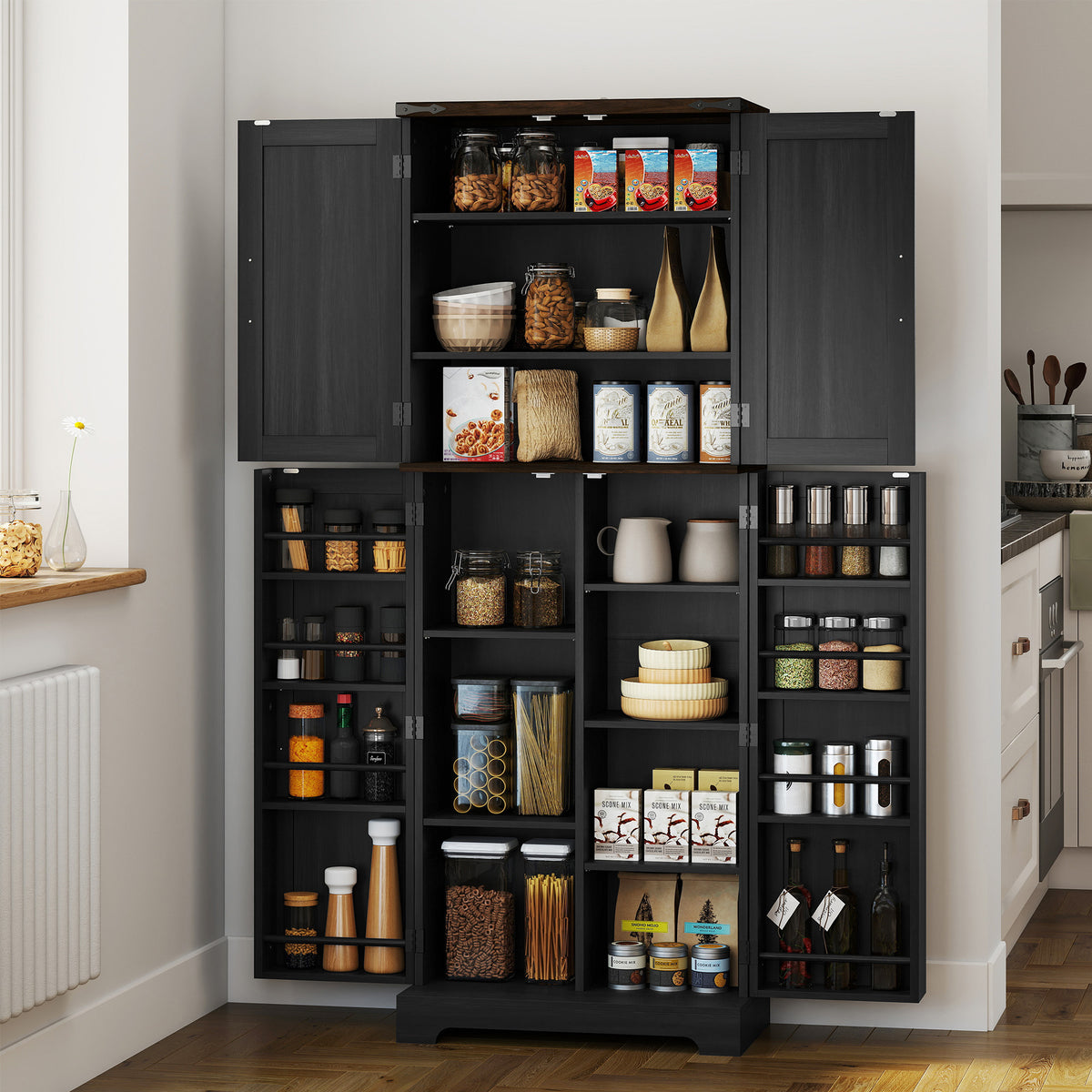 Tall Kitchen Pantry Cabinet with Spice Racks and Adjustable Shelves – 24"W x 64"H