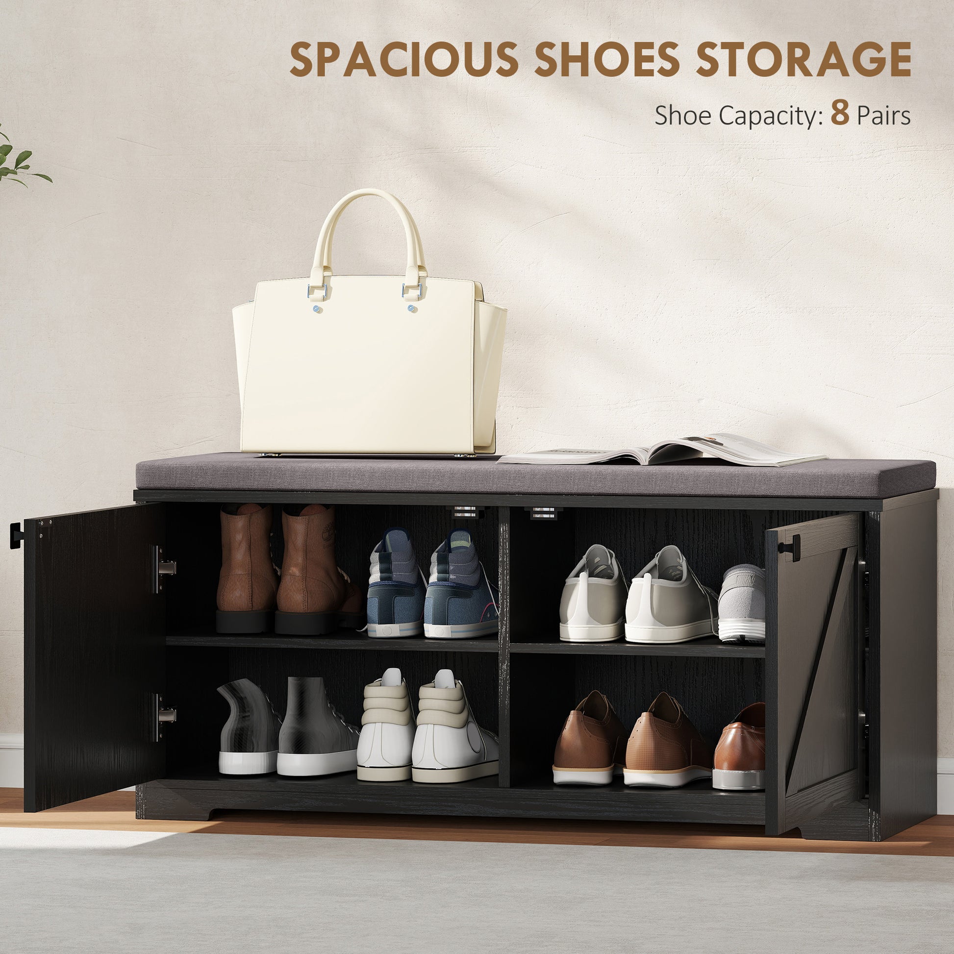 HOMCOM Entryway Shoe Storage Bench, Padded Seat, 8-Pair Organizer, Black Wood Grain