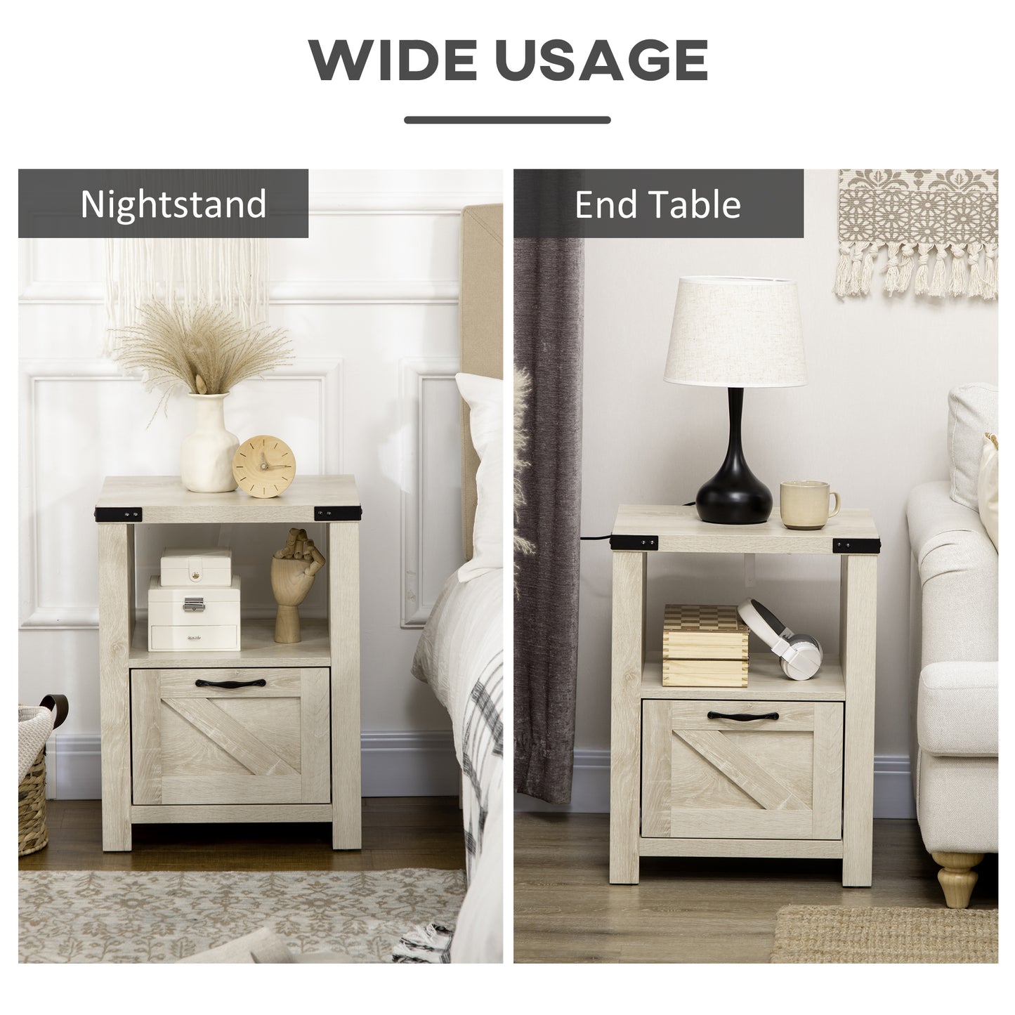 HOMCOM Farmhouse Side End Table with Drawer, Open Shelf & Barn-Style Panel