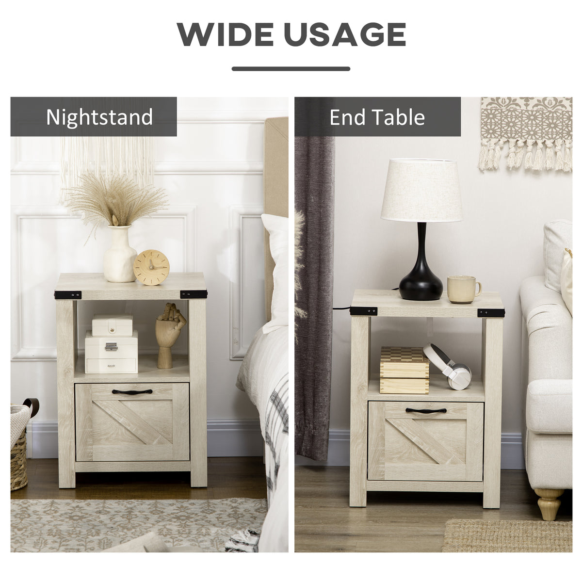 Farmhouse Nightstand with Drawer and Barn-Style Panel – 18"W x 24"H