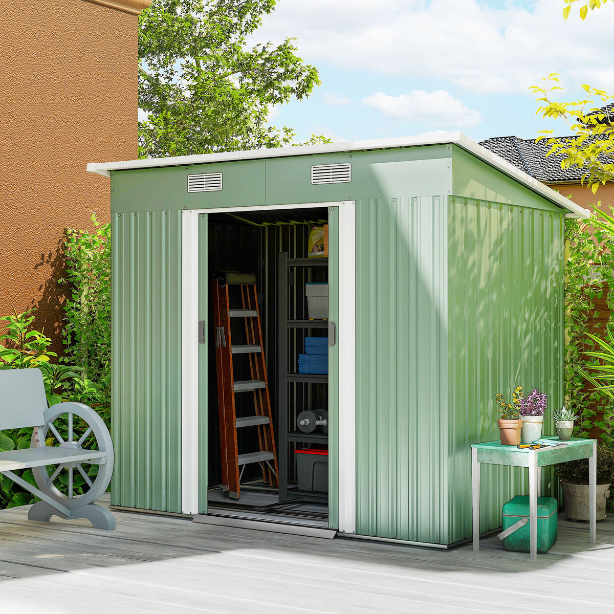 7'x 4' Metal Patio Storage Shed Garden Lockable Shed Tool Utility Storage Unit – 81.5" L x 51.2" W x 71.7" H – Light Green