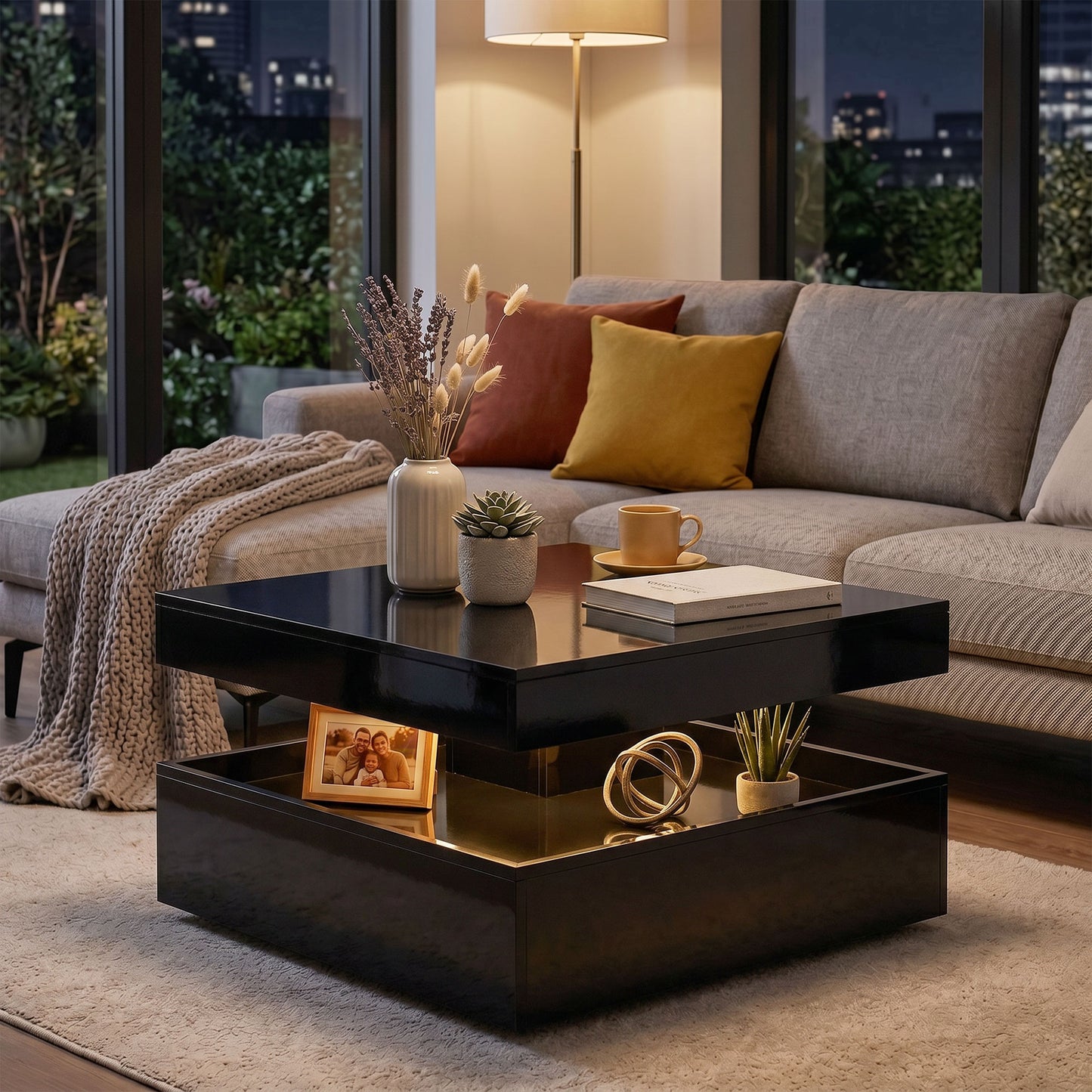 HOMCOM LED Coffee Table with Storage 2-Tier High Gloss Black