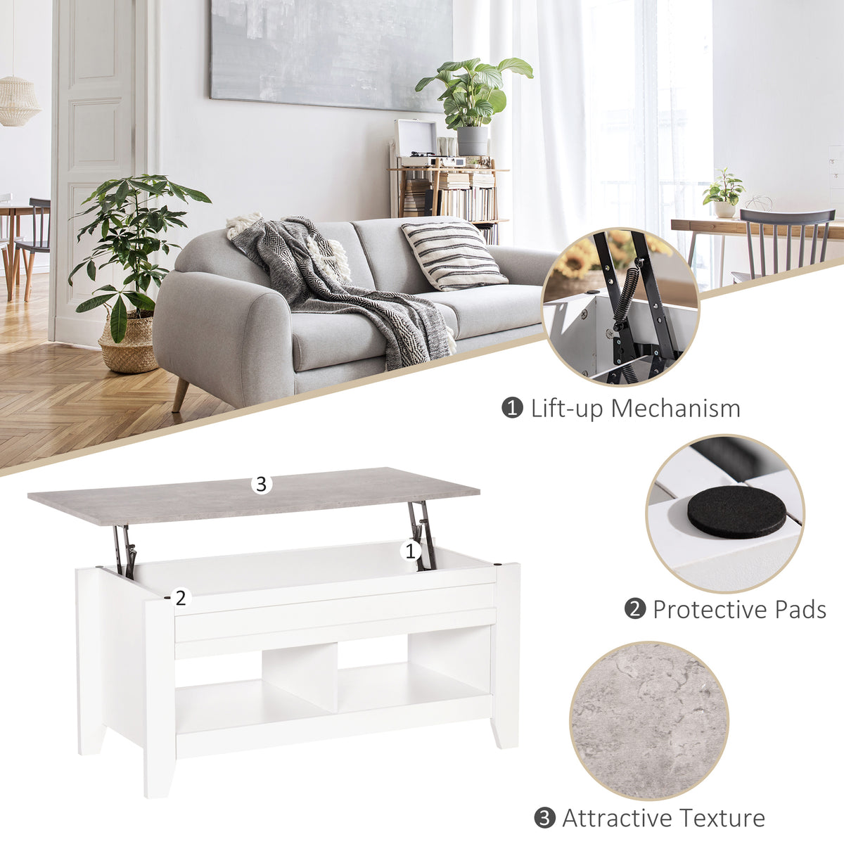 Lift-Top Coffee Table with Hidden Storage and Open Shelves
