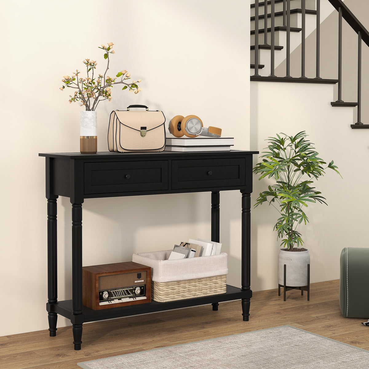 Hallway Console Table with 2 Drawers, Black