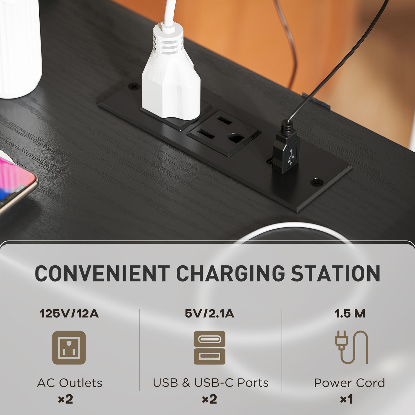 HOMCOM Modern Black Nightstands Set of 2 with Charging Station