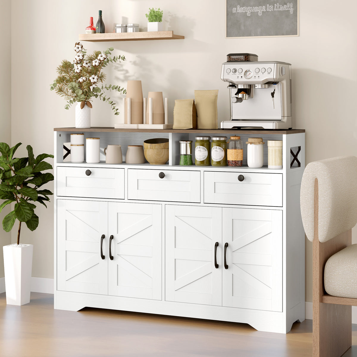 Buffet Cabinet with 4 Barn Doors and 3 Drawers – 47"W x 35"H