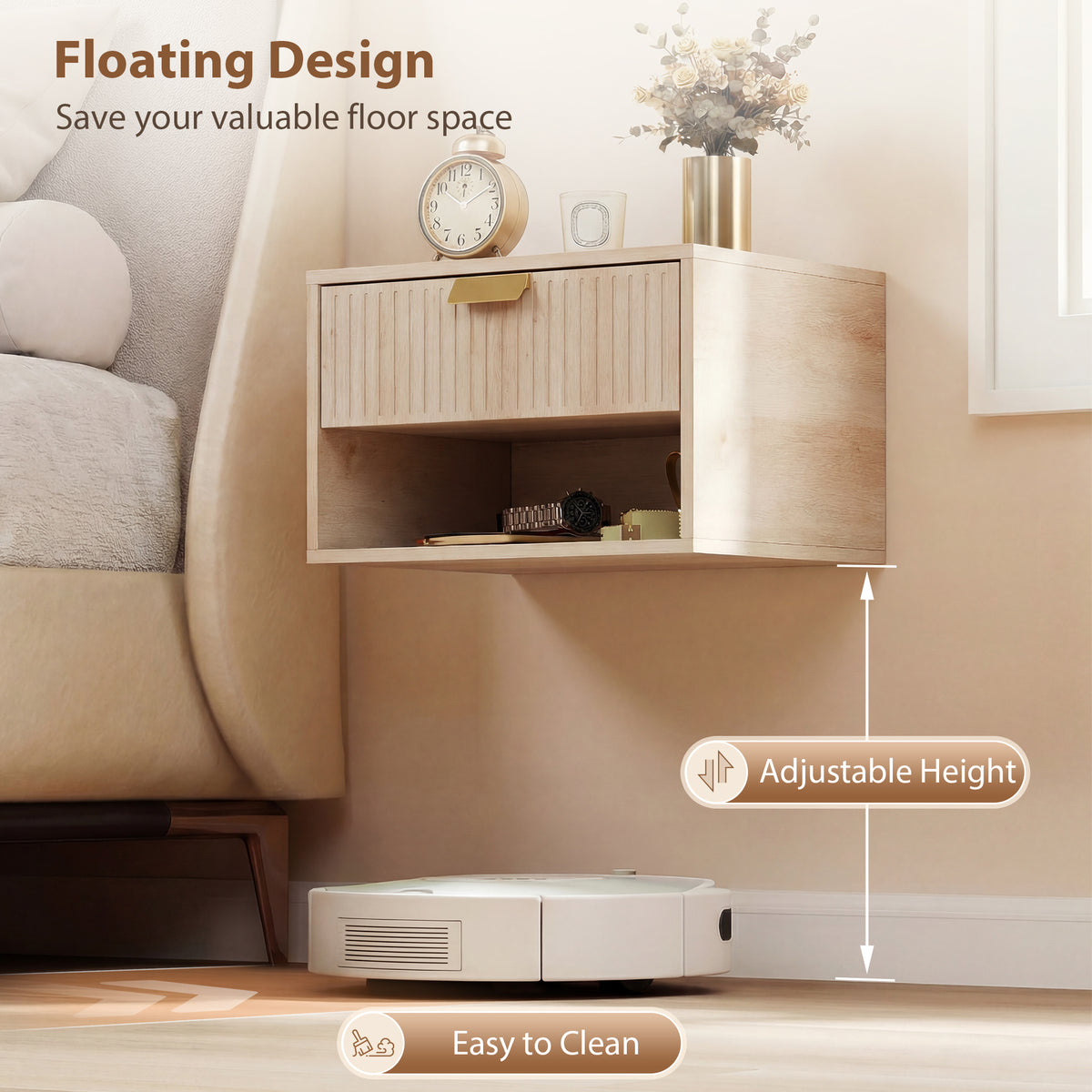 Floating Nightstands with Fluted Drawer, Set of 2 – 16"W x 10"H