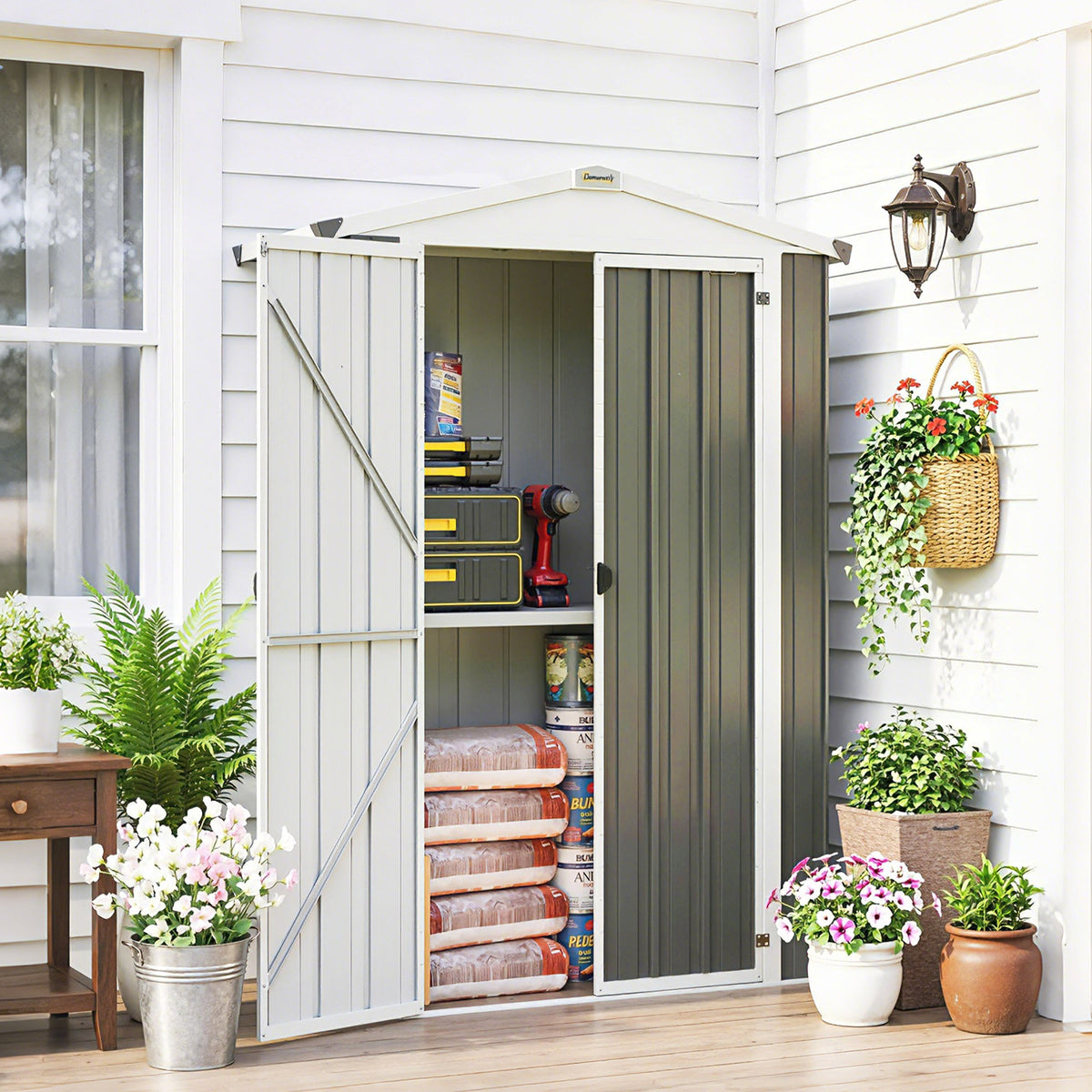 Outdoor Storage Shed Apex Roof Metal Garden Shed with Shelf for Backyard