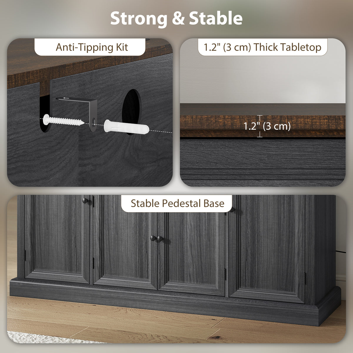 Farmhouse Sideboard with Charging Station and Thickened Top – 58"W x 34"H