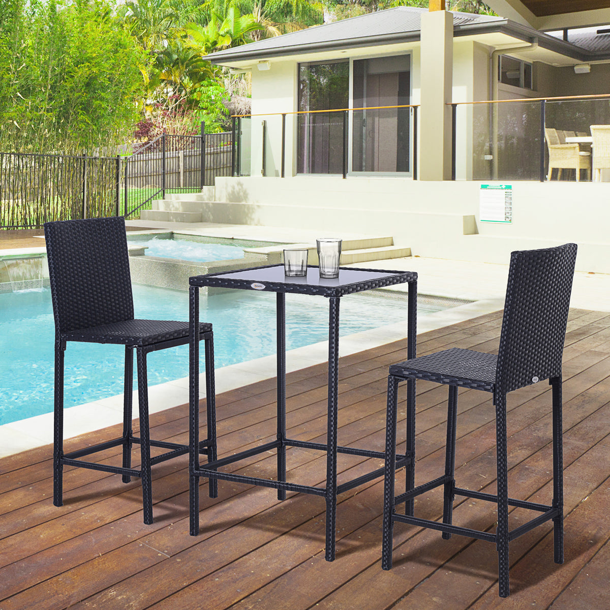 3 Piece Patio Bar Set Wicker Rattan Garden Bistro Set Barstool and Table for Patio Backyard Balcony Poolside