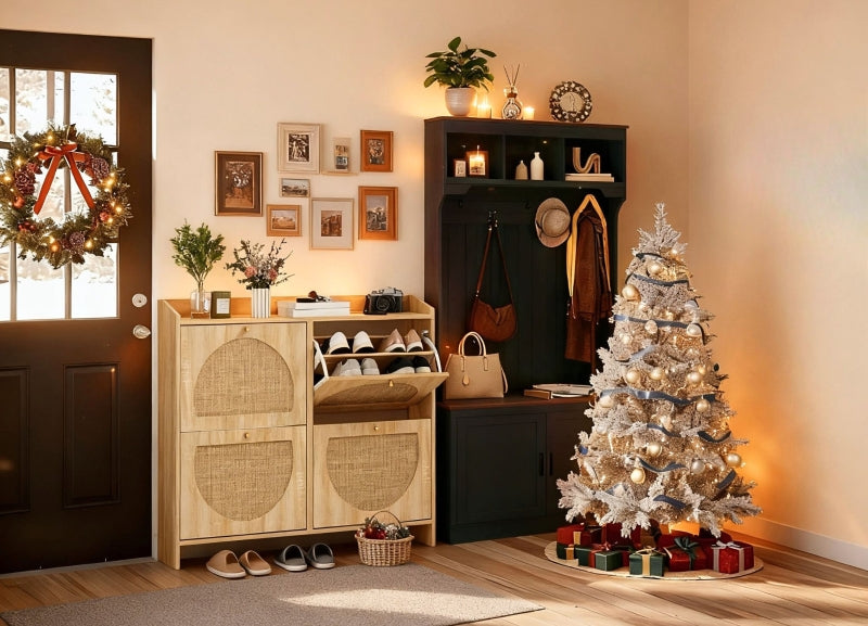 HOMCOM Natural Rattan 4-Flip Drawer Shoe Cabinet, Adjustable Shelves, Stores 16 Pairs