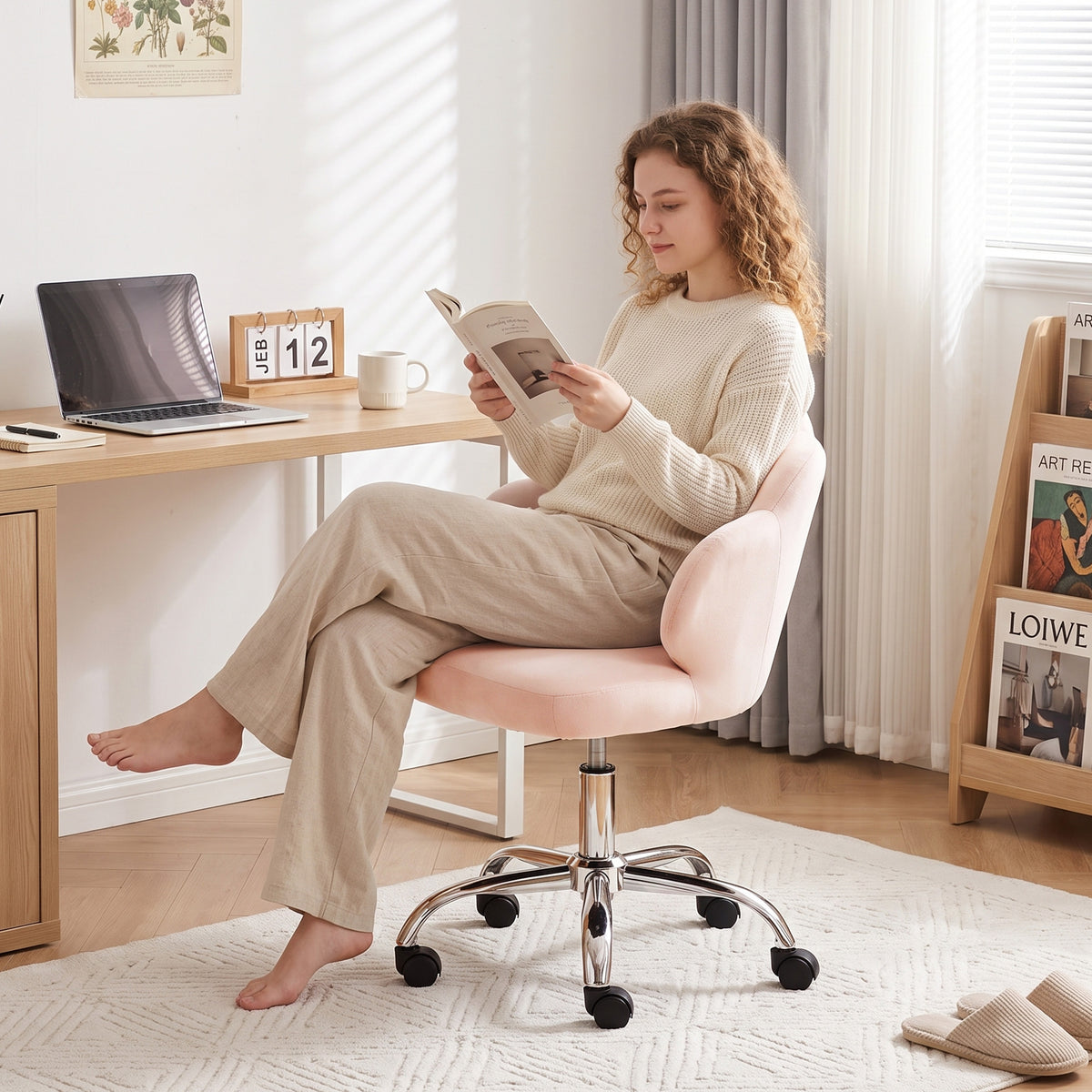 Task Desk Chair, Petal Office Chair with Swivel Wheels with Wide Seat, Velvet, Pink