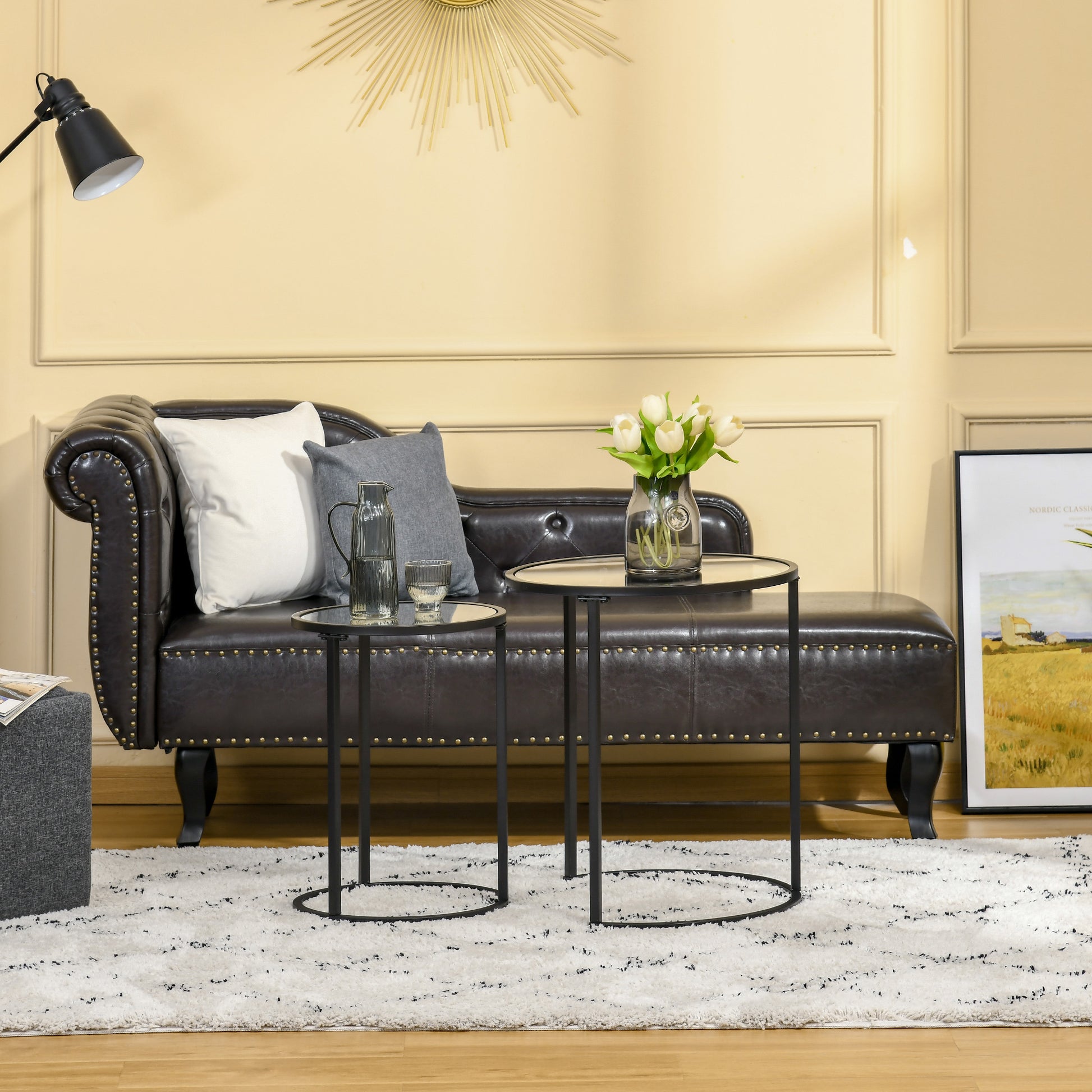 Modern Black Nesting Coffee Tables Set: Round Tempered Glass Top