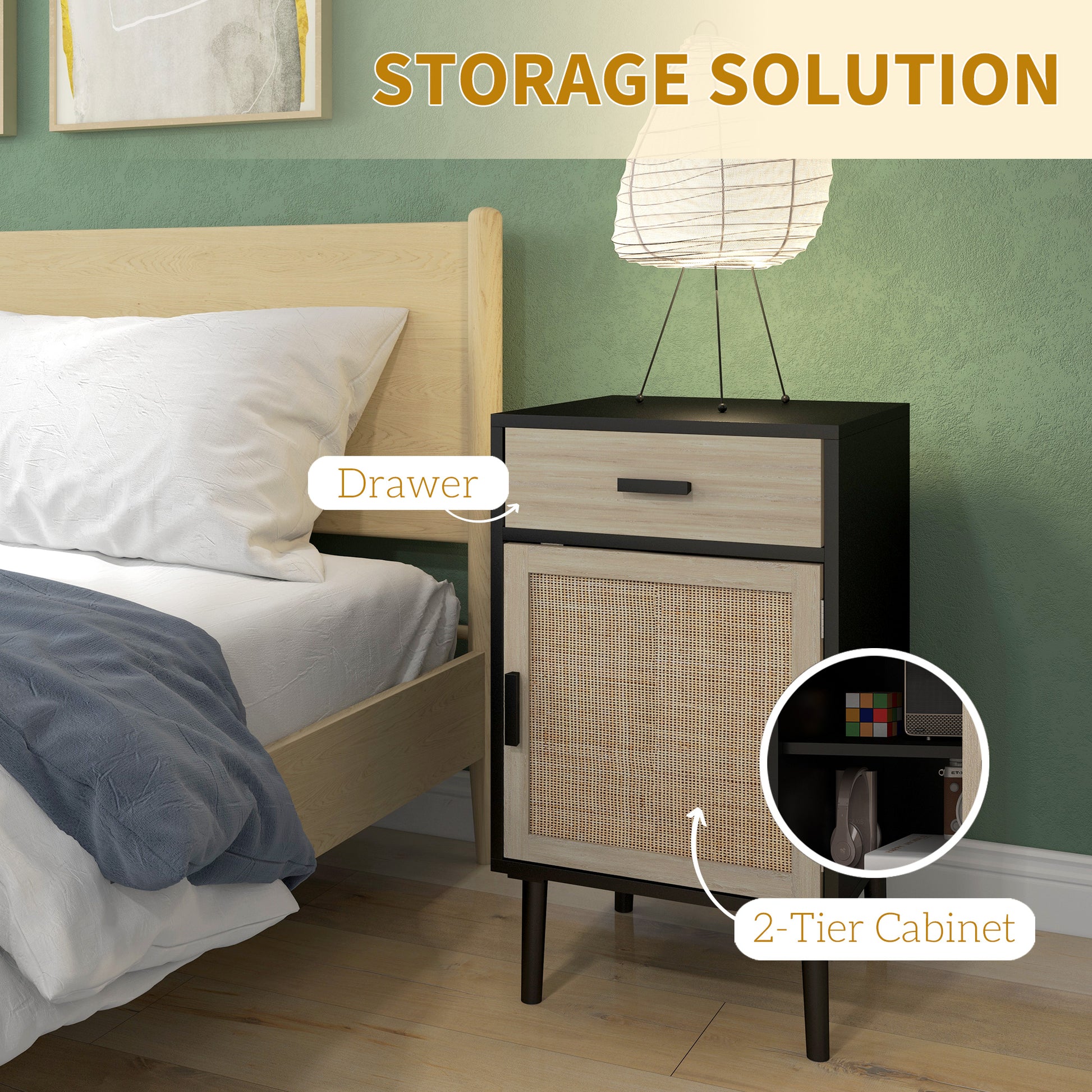 Elegant Dual Boho Rattan Nightstands with Drawer, Adjustable Shelf, Black Finish