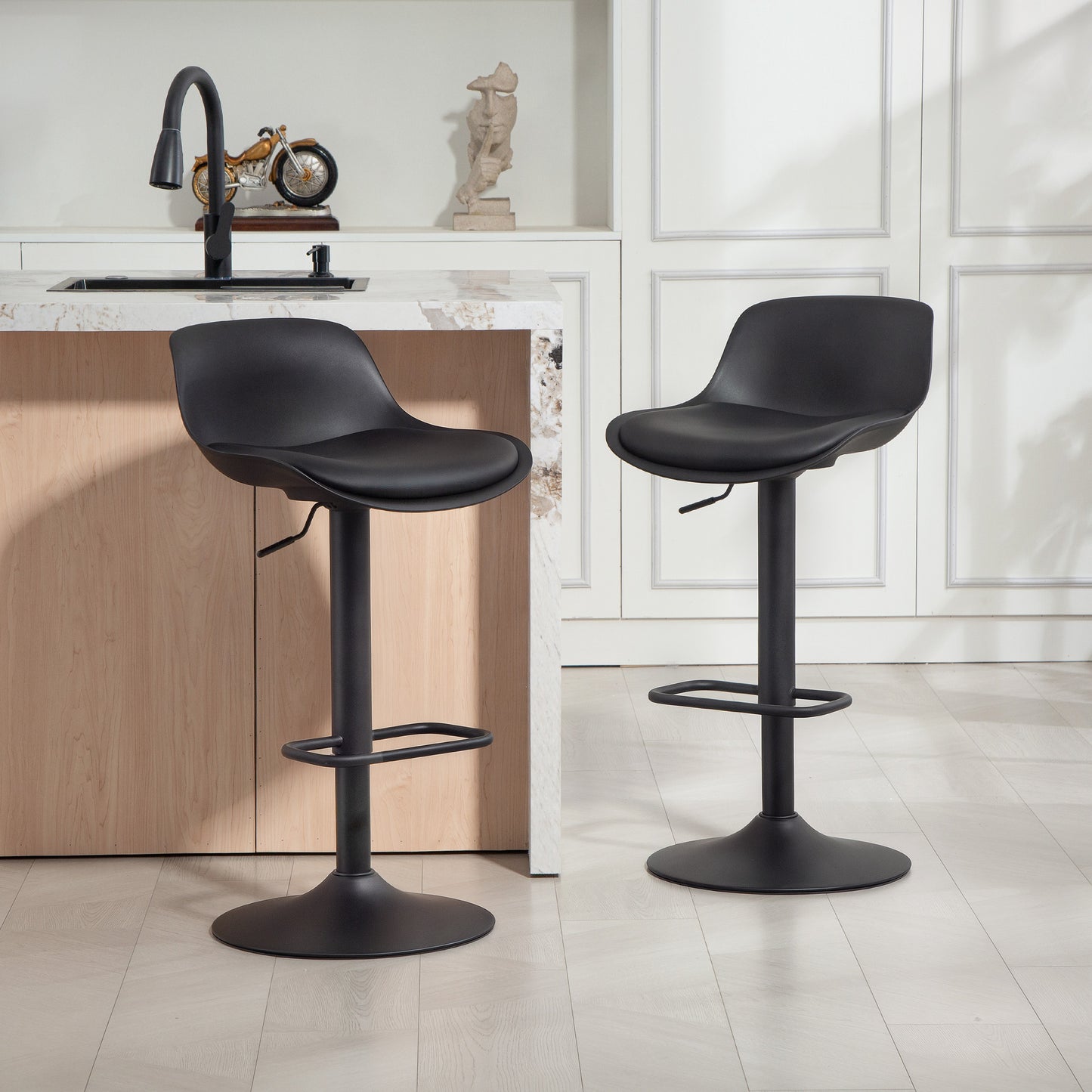 Set of 2 Streamlined Counter Height Bar Stools, Adjustable Swivel PU Leather Seat