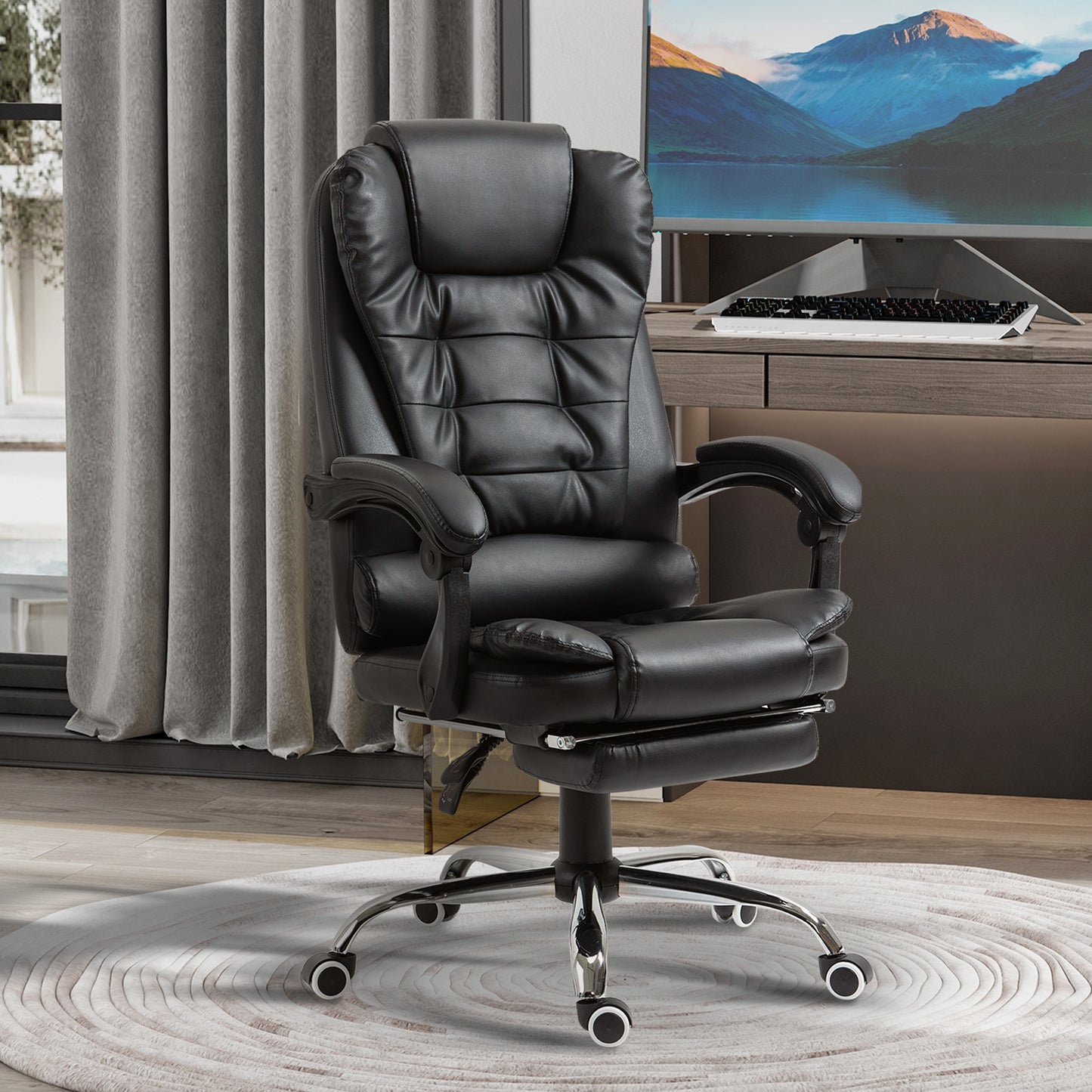 HOMCOM Ergonomic High-Back Executive Office Chair with Retractable Footrest, Black PU Leather