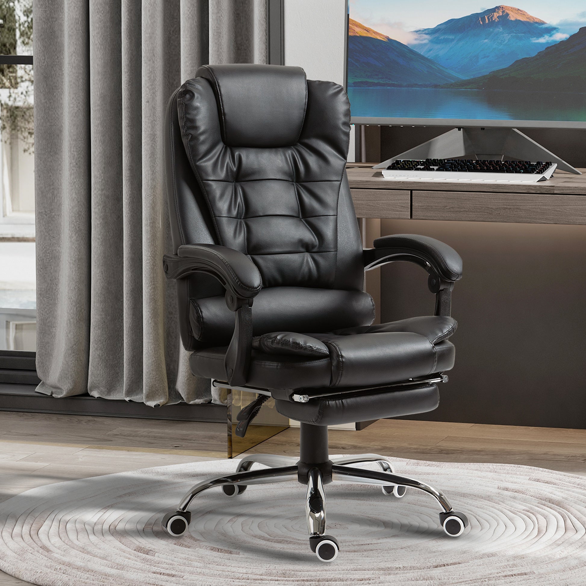 HOMCOM Ergonomic High-Back Executive Office Chair with Retractable Footrest, Black PU Leather