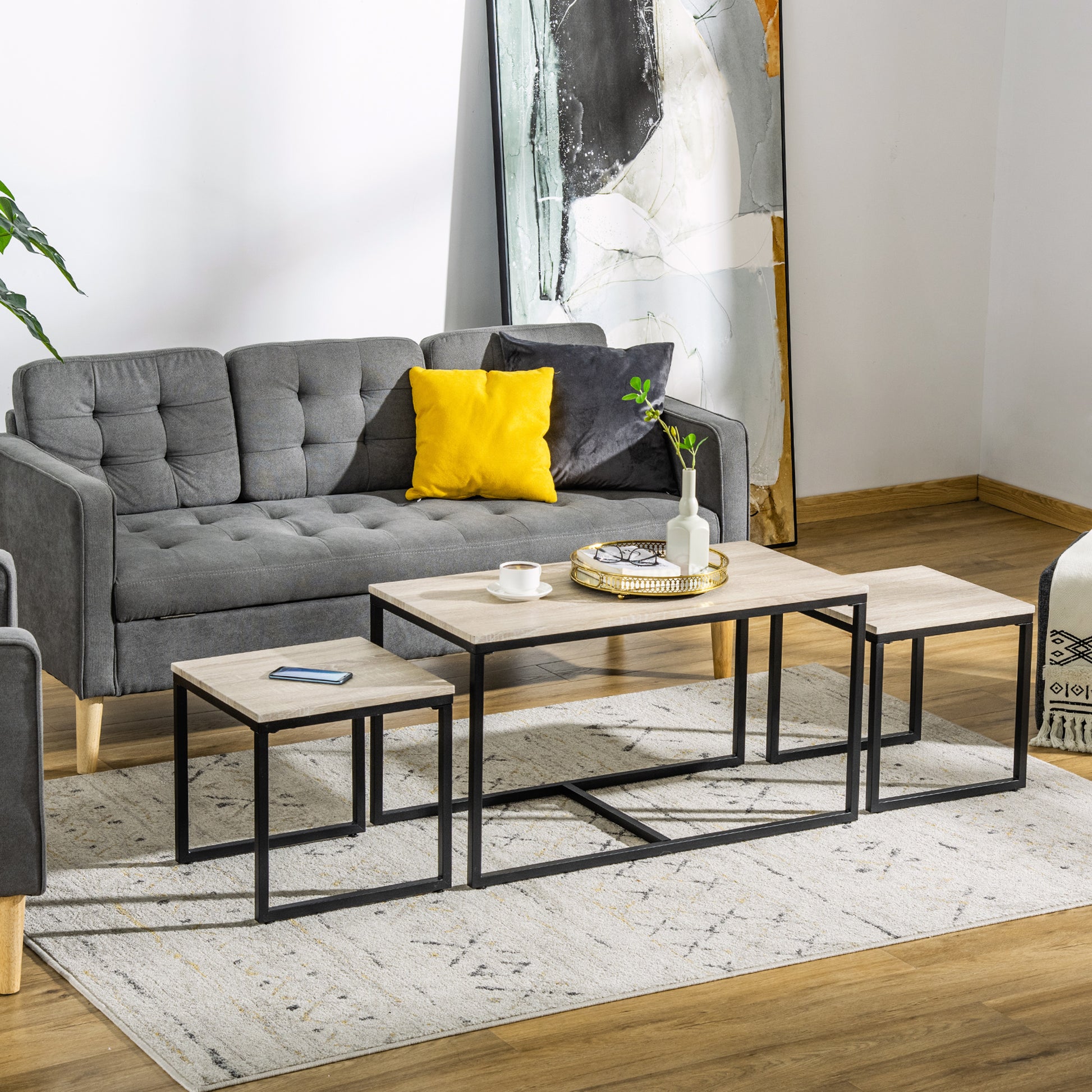 Modern Nesting Coffee Table Set, 3-Piece, Black Metal Frame, Natural Wood Grain