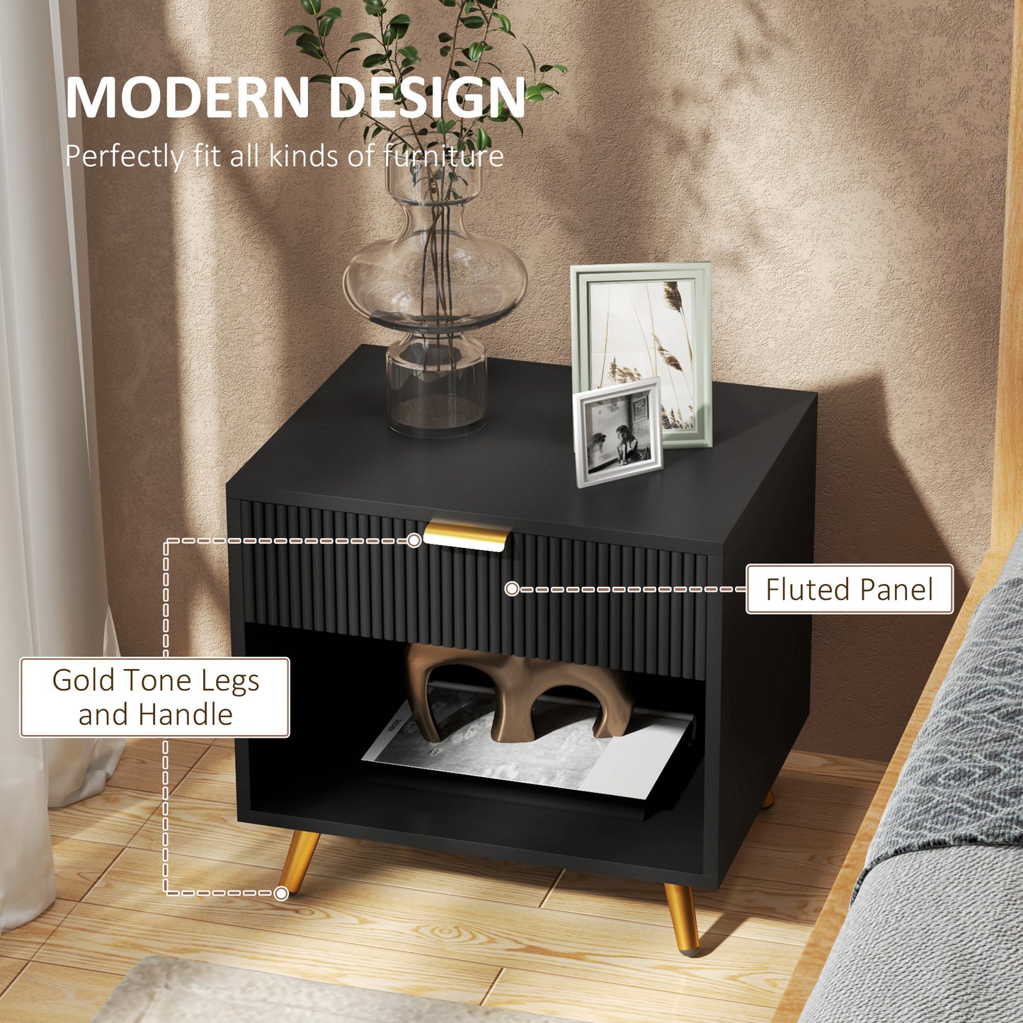 HOMCOM Modern Black Nightstand with Fluted Panel, Drawer & Open Storage for Bedroom