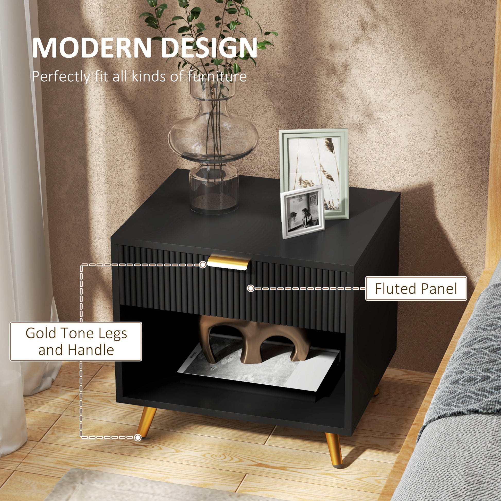 HOMCOM Modern Black Nightstand with Fluted Panel, Drawer & Open Storage for Bedroom