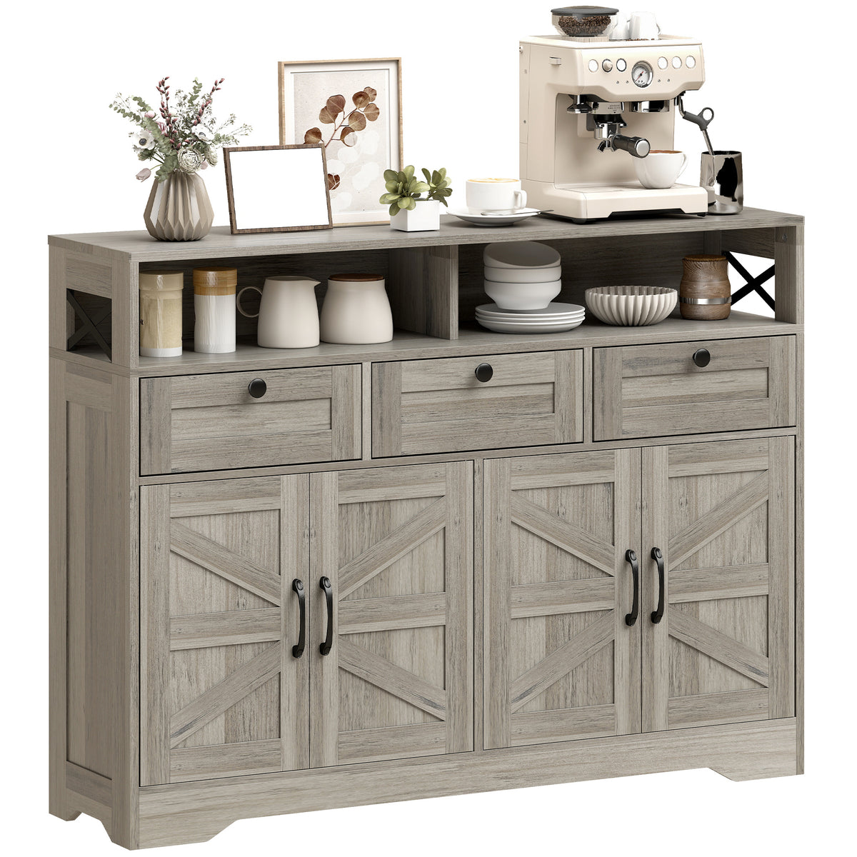 Buffet Cabinet with 4 Barn Doors and 3 Drawers – 47"W x 35"H