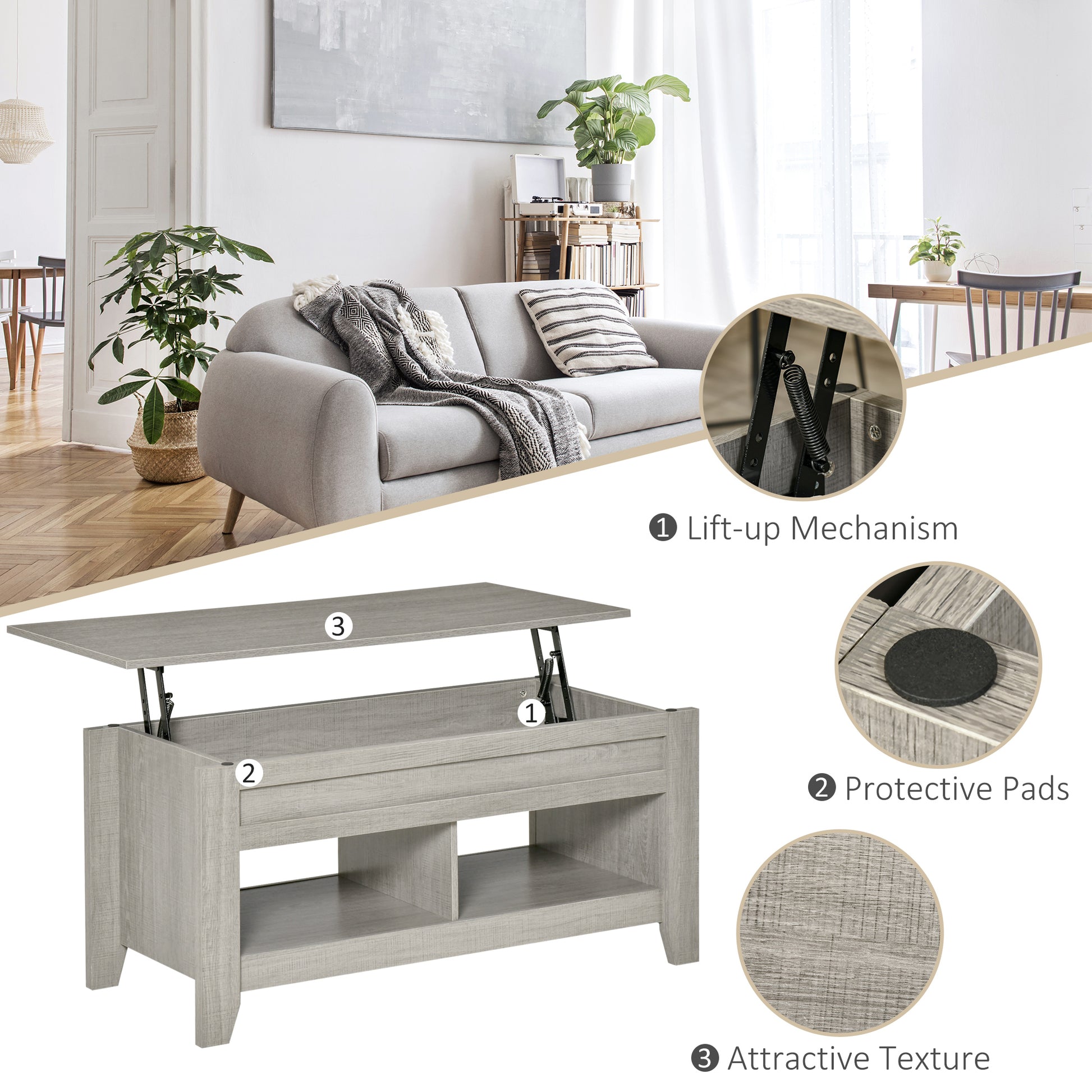 HOMCOM Lift Top Coffee Table: Hidden Storage, Open Shelves, Pop-Up Work Surface
