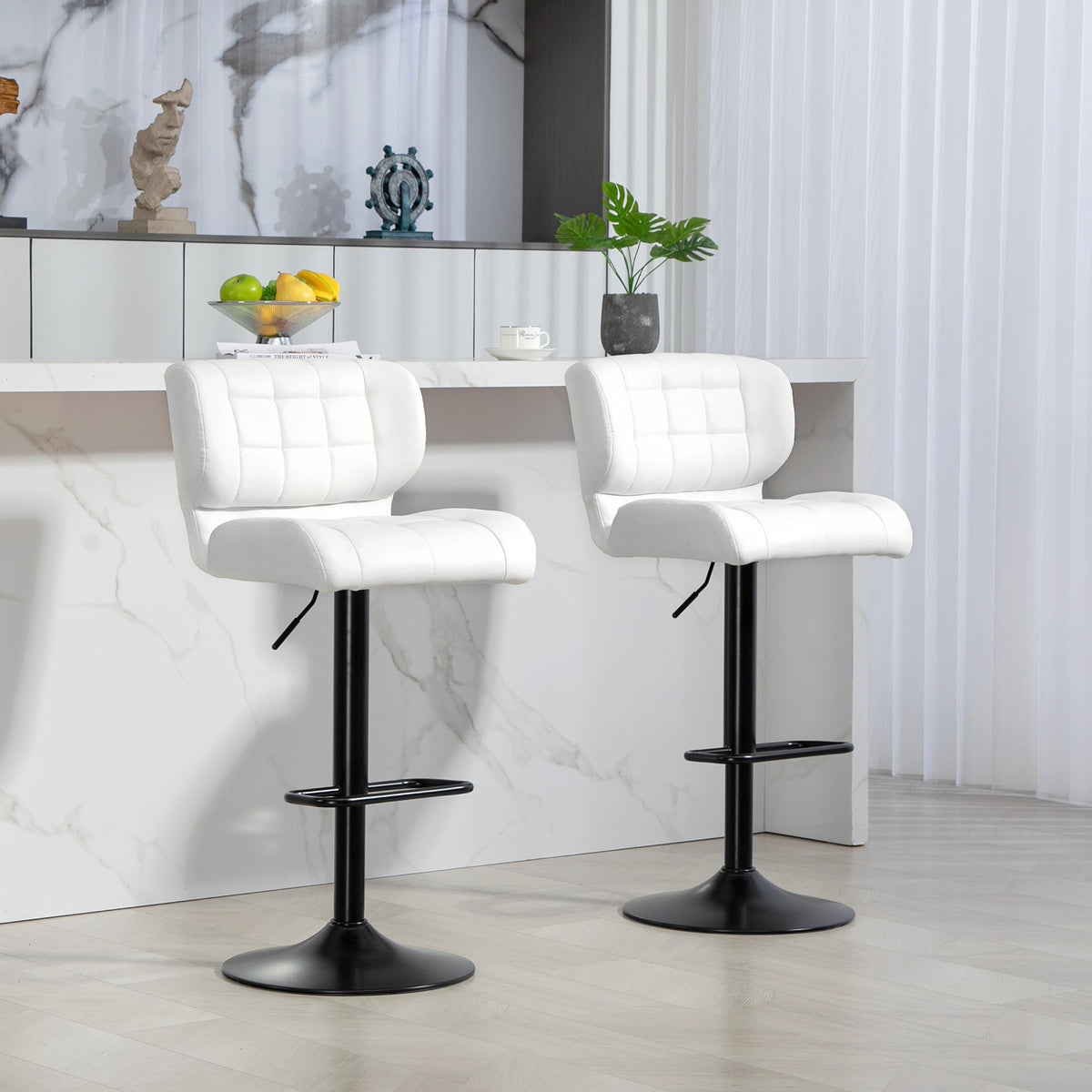 Tufted PU Leather Swivel Bar Stools with Footrest, Set of 2, White