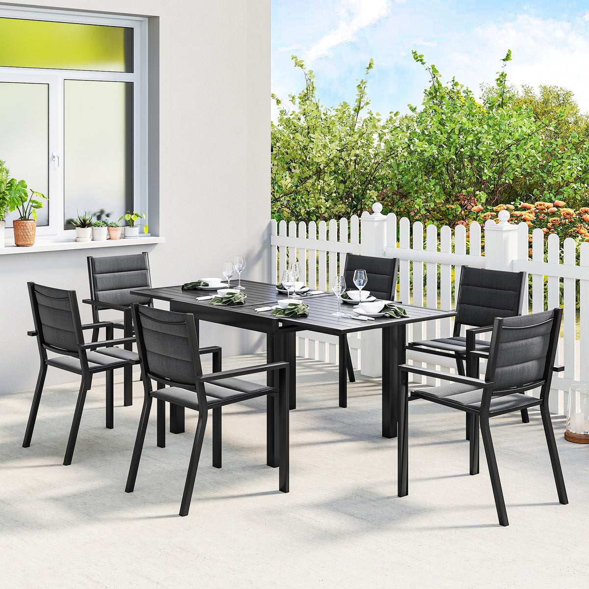 Patio Dining Set for 6, Aluminum Expandable Outdoor Table and 6 Stackable Chairs with Padded Back, Mesh Seat – Black