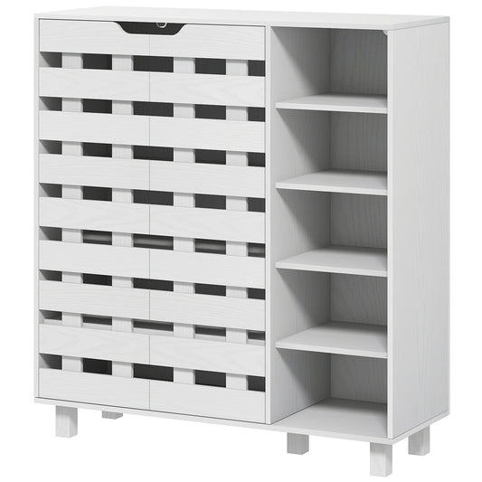 HOMCOM White 5-Tier Shoe Cabinet Organizer: Double Door & Open Shelves