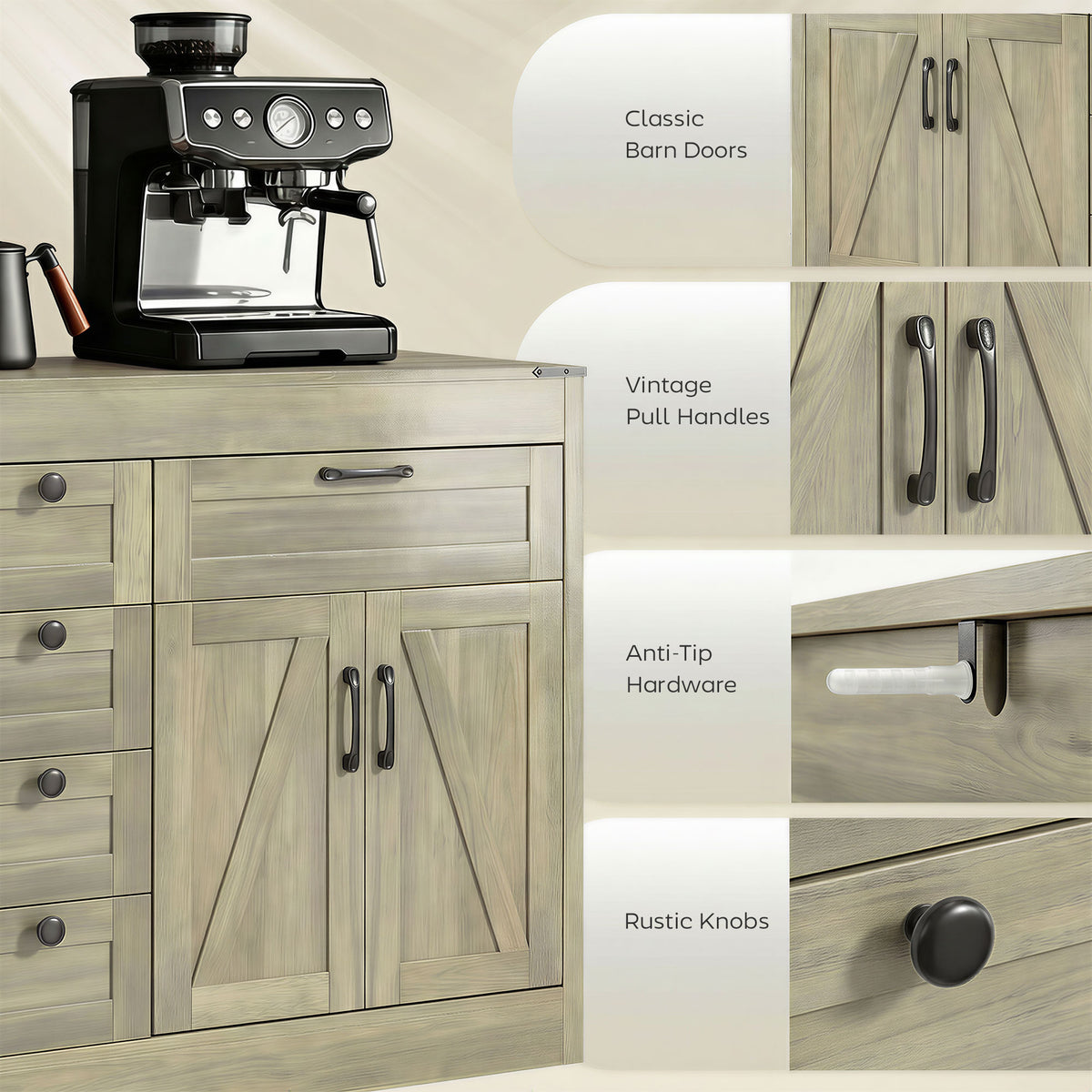 Farmhouse Kitchen Cabinet with 4 Barn Doors – 55"W x 32"H