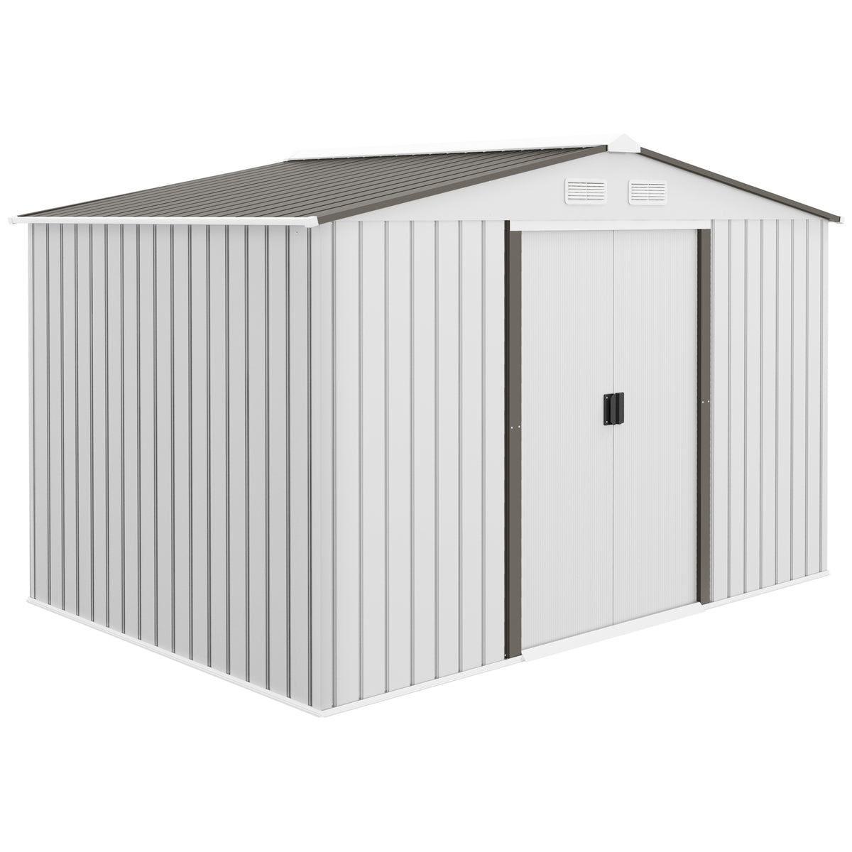 9.1'x6.4'x6.3' Garden Storage Shed, Outdoor Storage Tool House with Vents, Foundation and Lockable Double Doors – Silver
