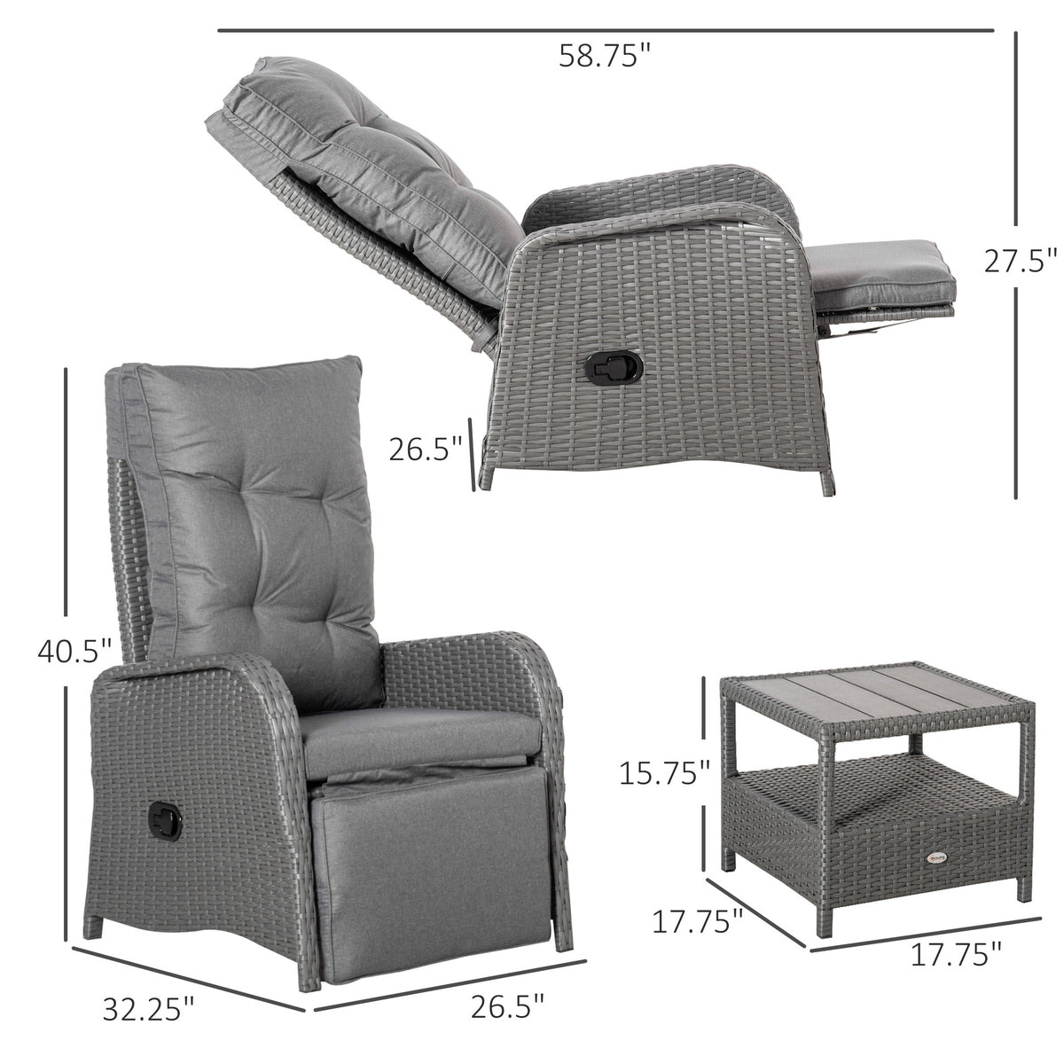 3 Pieces Patio Wicker Bistro Set, PE Rattan Coffee Table & Adjustable Recline Chairs Furniture Set with Cushions and Wood Grain Plastic Top – Grey