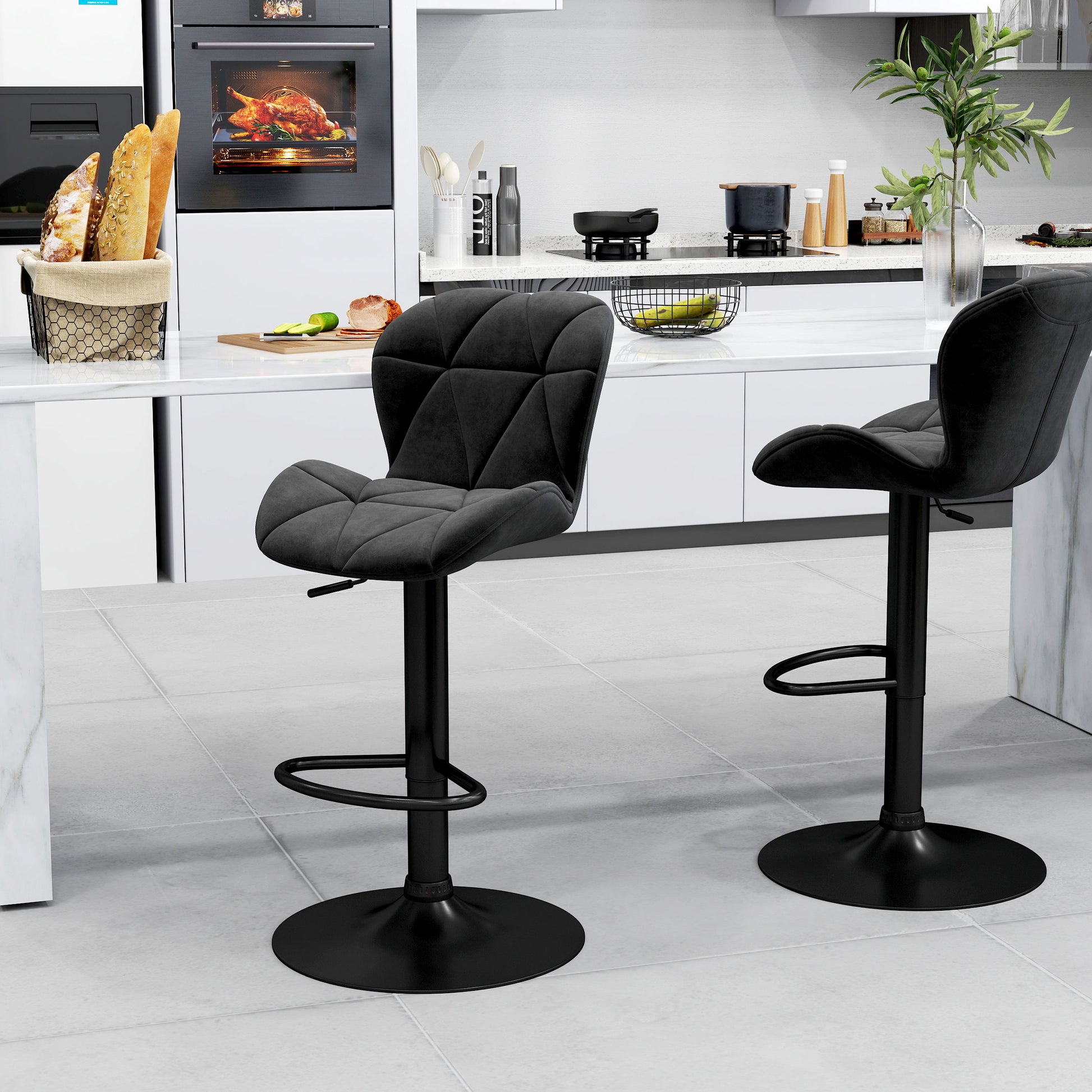 HOMCOM Black Fabric Adjustable Swivel Bar Stools Set of 2 with Armless Upholstery