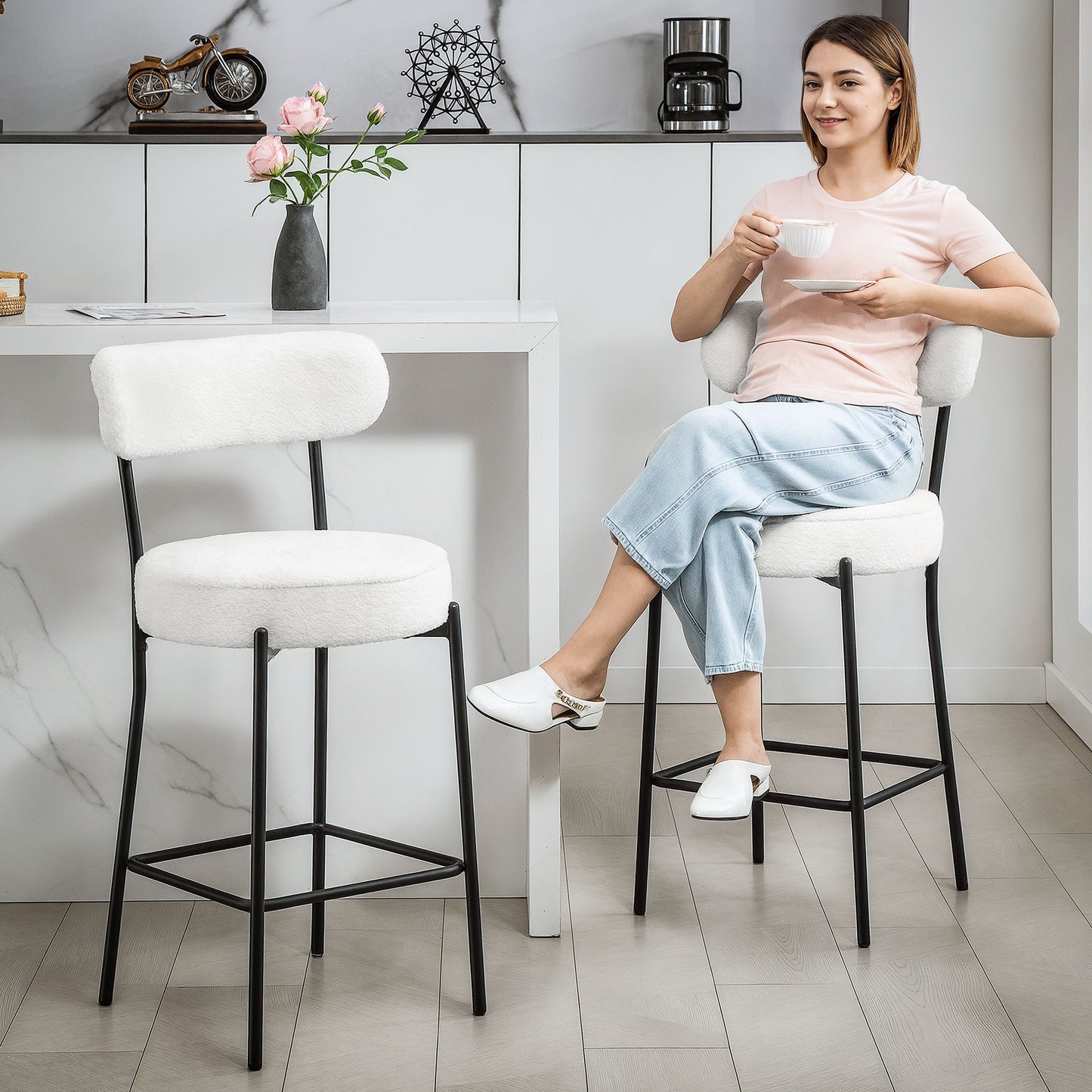 HOMCOM Set of 2 Barstools, Upholstered Bar Stools with Backrest, Footrest for Kitchen Island, Dining Room, Cream White