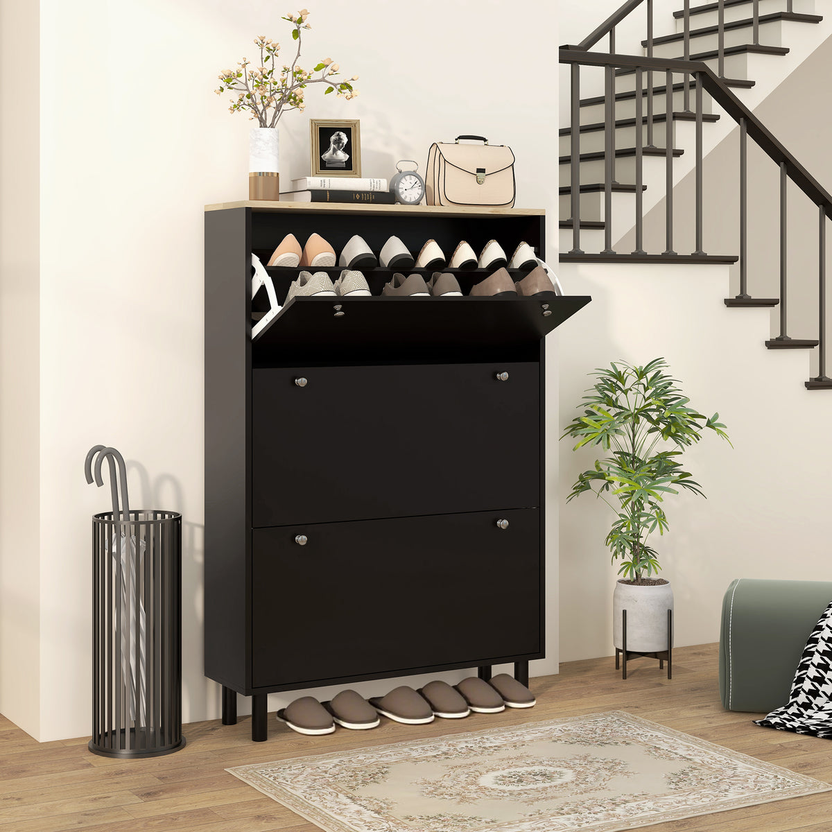 Modern Entryway Shoe Cabinet with 3 Flip Drawers – 32"W x 48"H