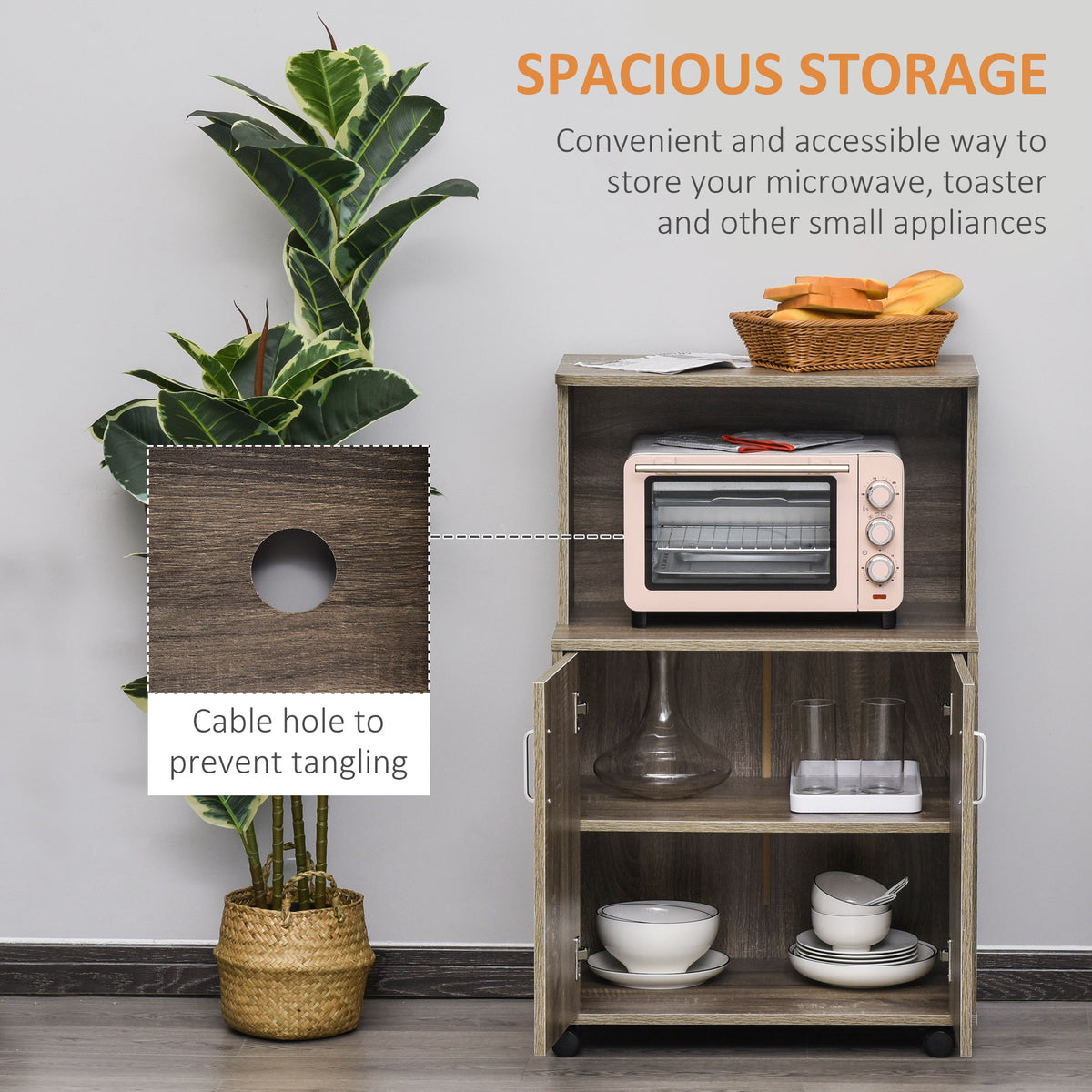 Microwave Cart with 2-Door Cabinet, Grey Wood Grain