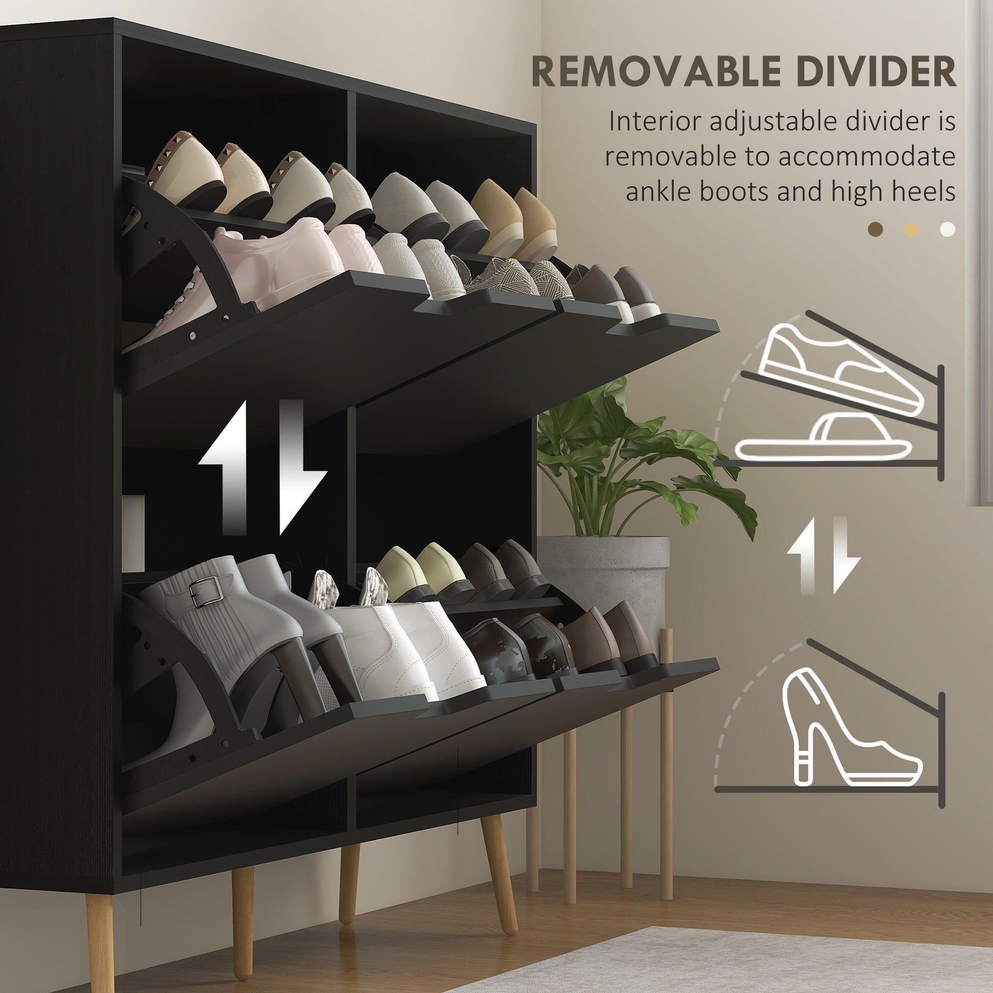 HOMCOM Modern Black Shoe Cabinet, 4 Flip Drawers, Adjustable 16-Pair Storage