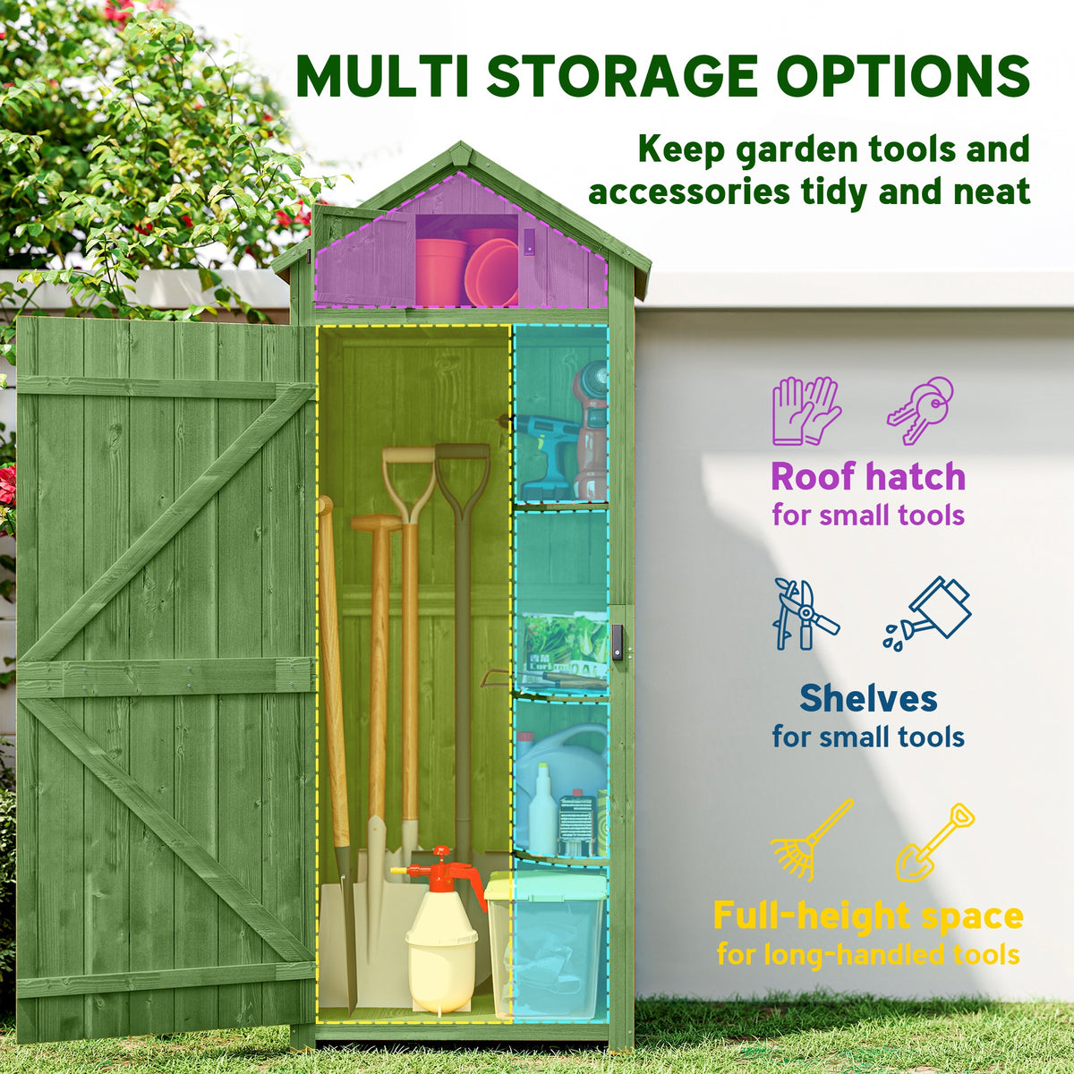 30" x 21" x 71" Garden Storage Shed, Outdoor Tool Utility Storage House with 3 Tier Shelves and Roof – Green