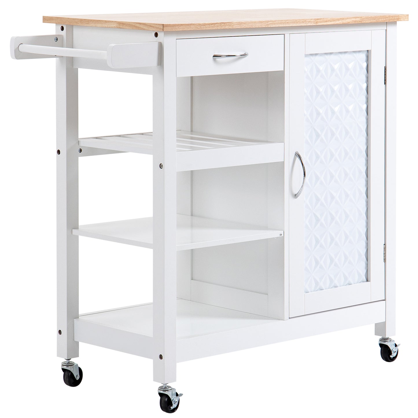 HOMCOM Kitchen Cart with Embossed Door Panel and Wheels, White