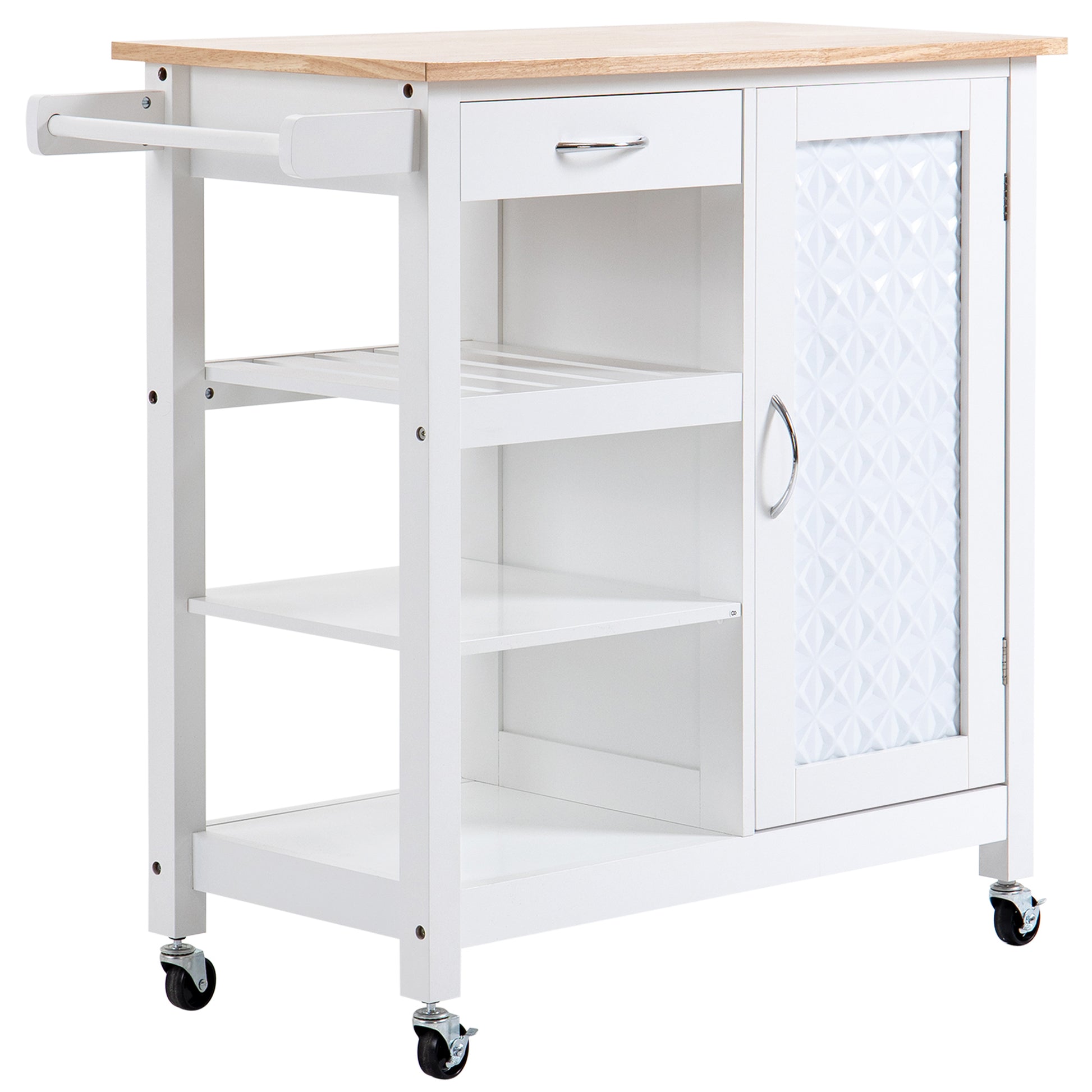 HOMCOM Kitchen Cart with Embossed Door Panel and Wheels, White