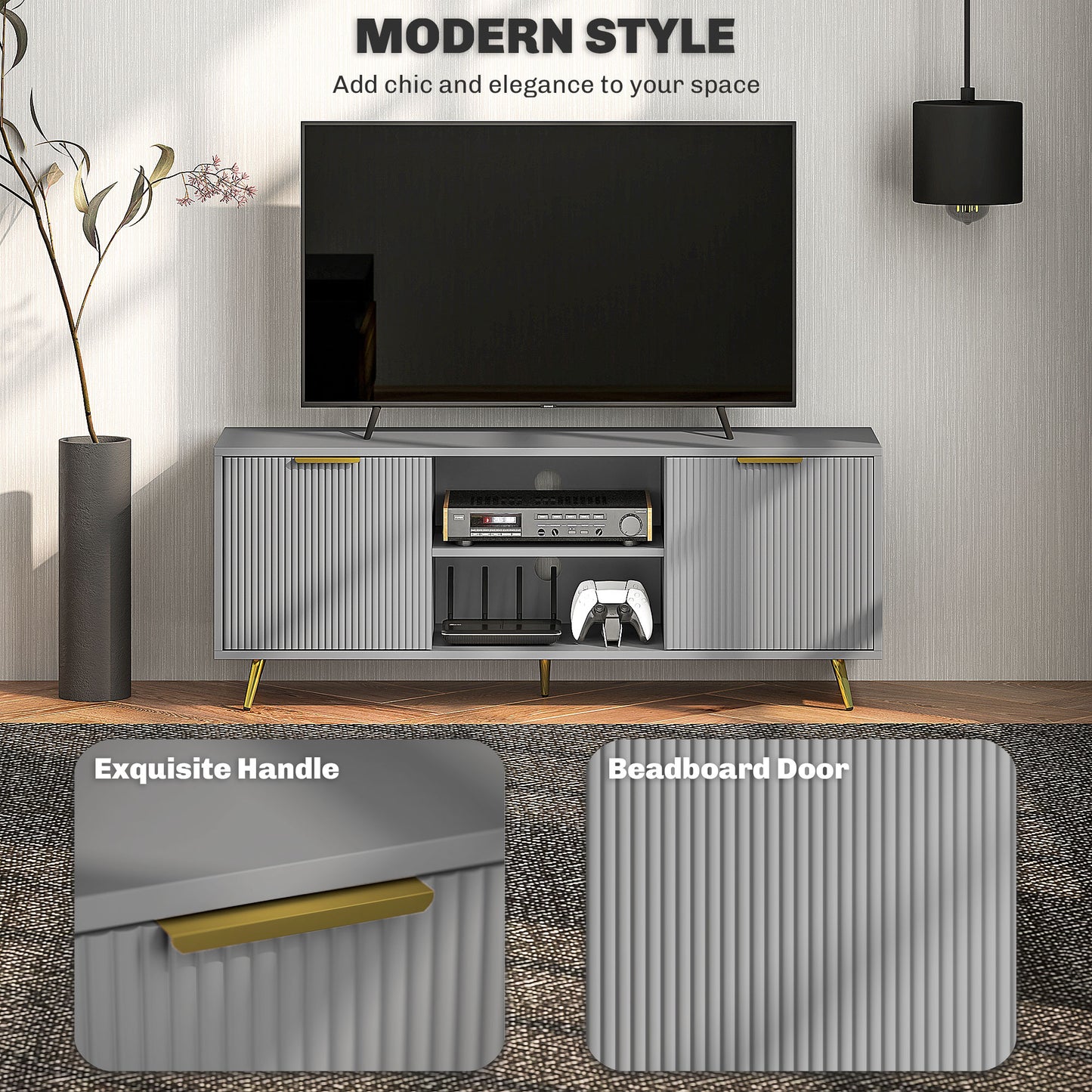 HOMCOM Modern Grey TV Stand for 55-inch TVs with Storage, Shelves, Cabinets