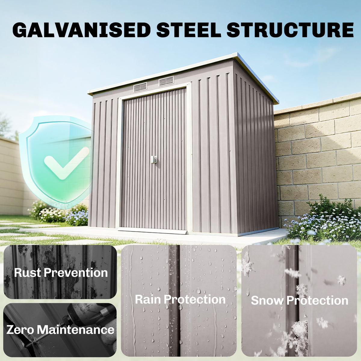 7 x 4ft Galvanised Steel Garden Shed, with Foundation Kit - – Grey