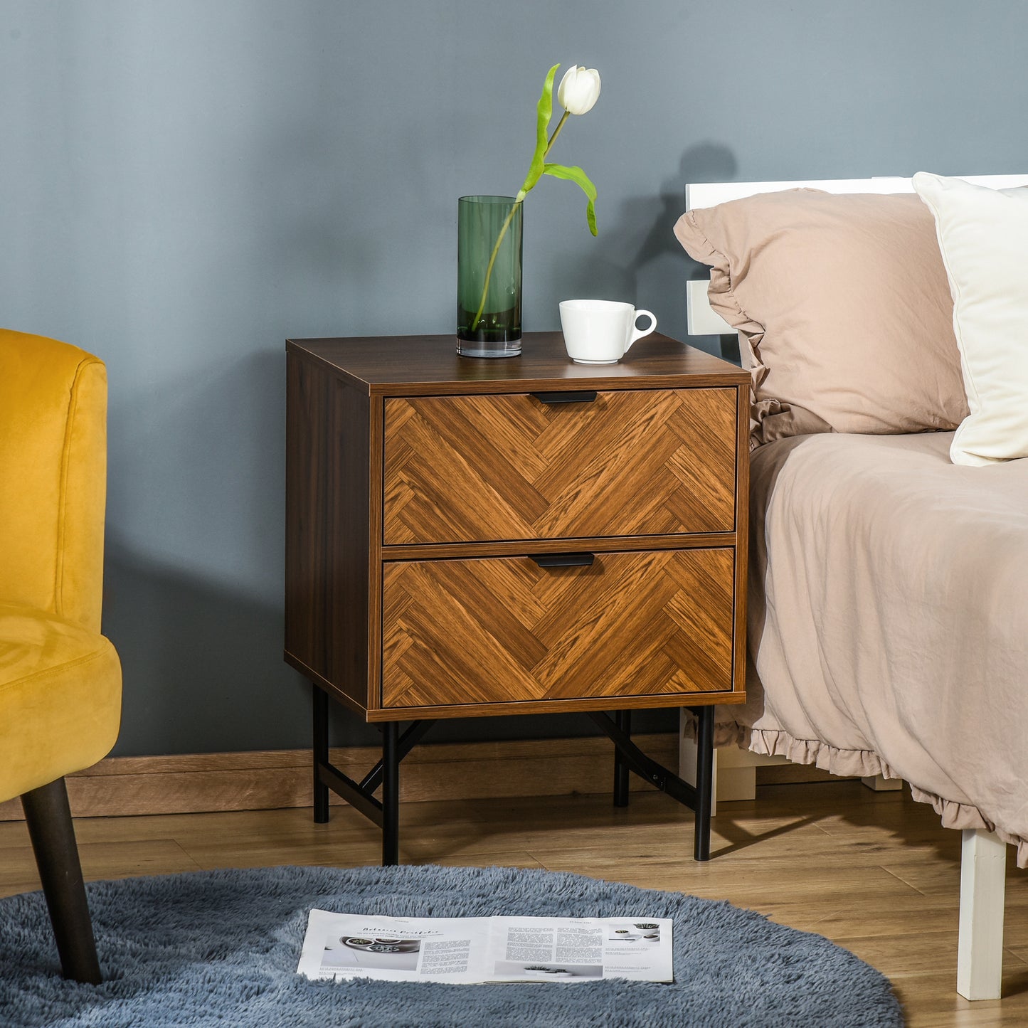 Bedside Table Night Stand, End Side Table Dresser Storage with 2 Drawers, Walnut Brown