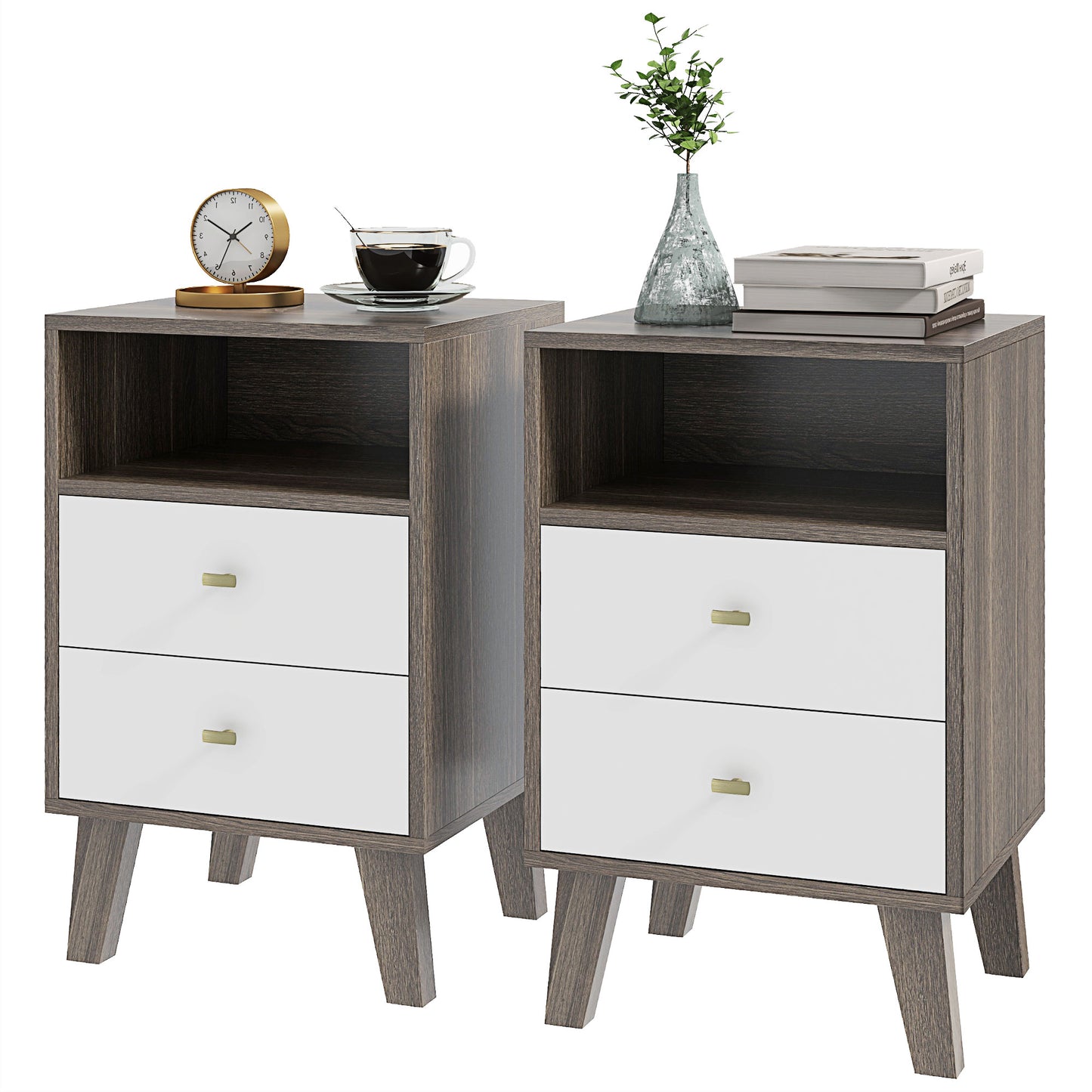 HOMCOM Modern Grey White Nightstand Set, 3 Drawers, Open Storage