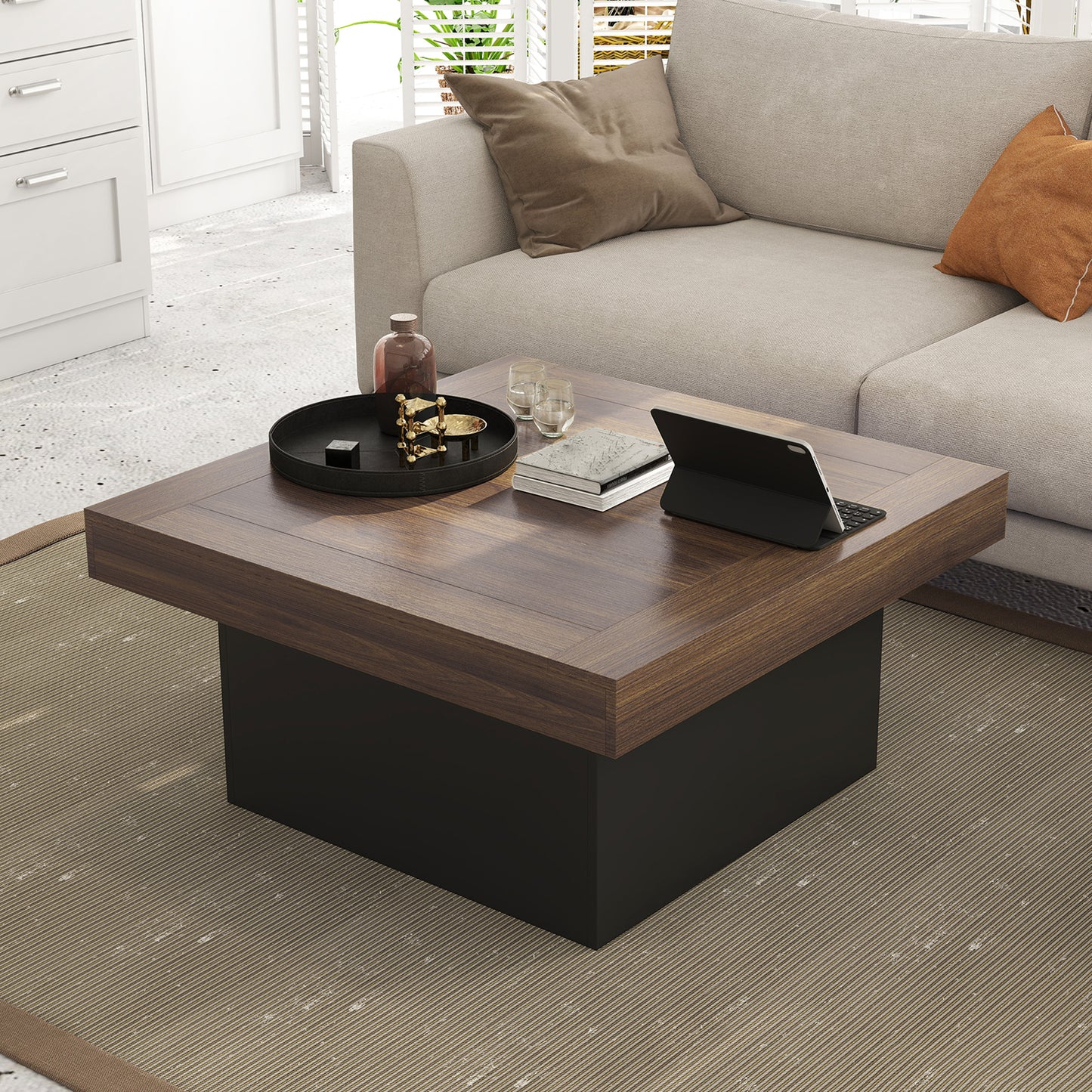 HOMCOM Square Coffee Table with 16-Colour LED Lights, Walnut, 35-Inch
