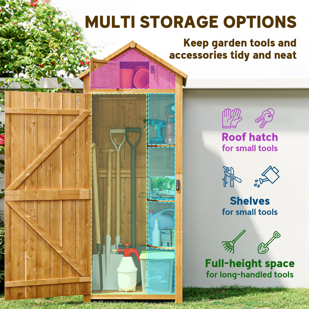 30" x 21" x 71" Garden Storage Shed, Outdoor Tool Utility Storage House with 3 Tier Shelves and Roof – Brown